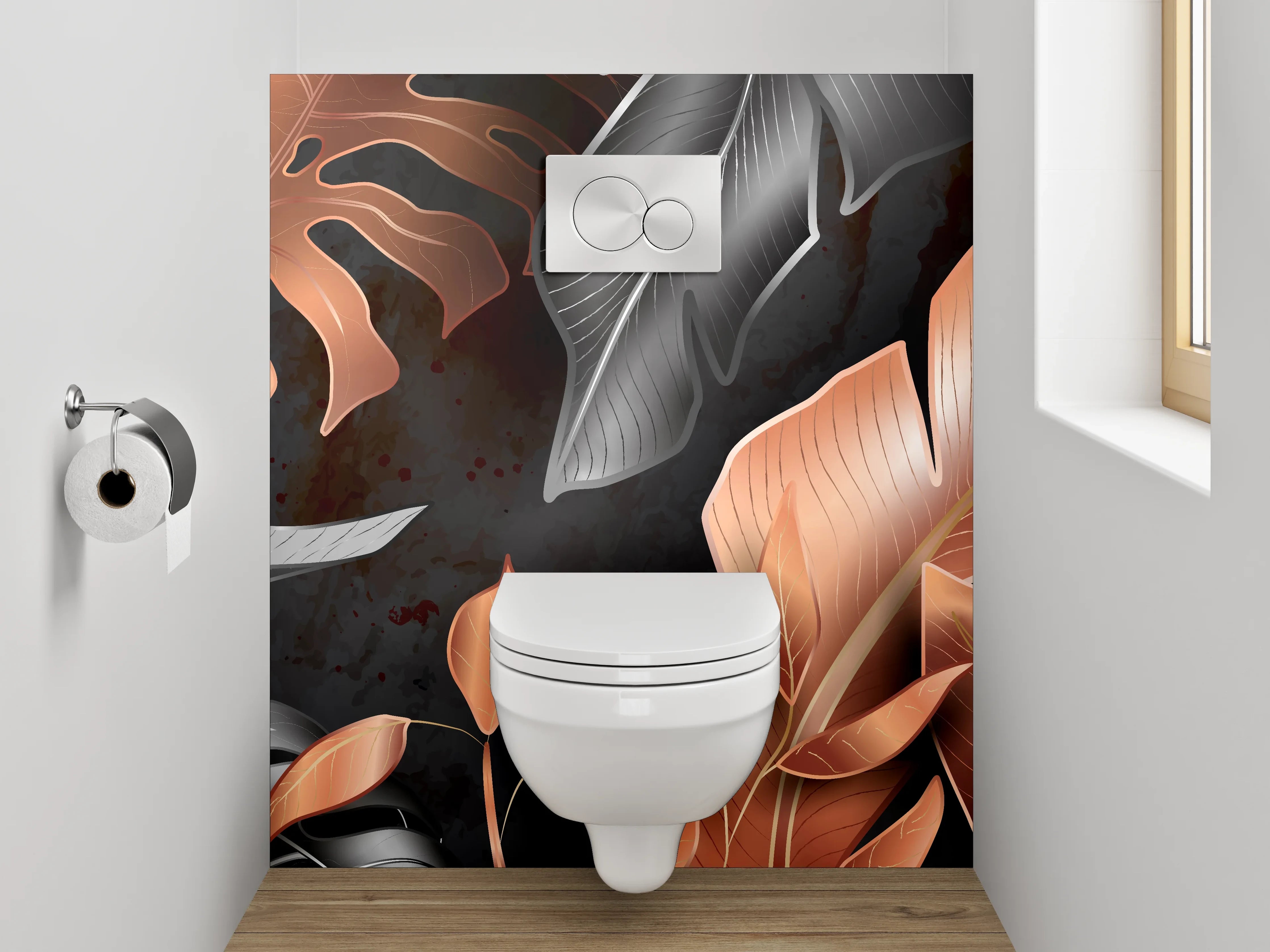 WC-Rückwand - Kupferfarbene Blätter auf Schwarz