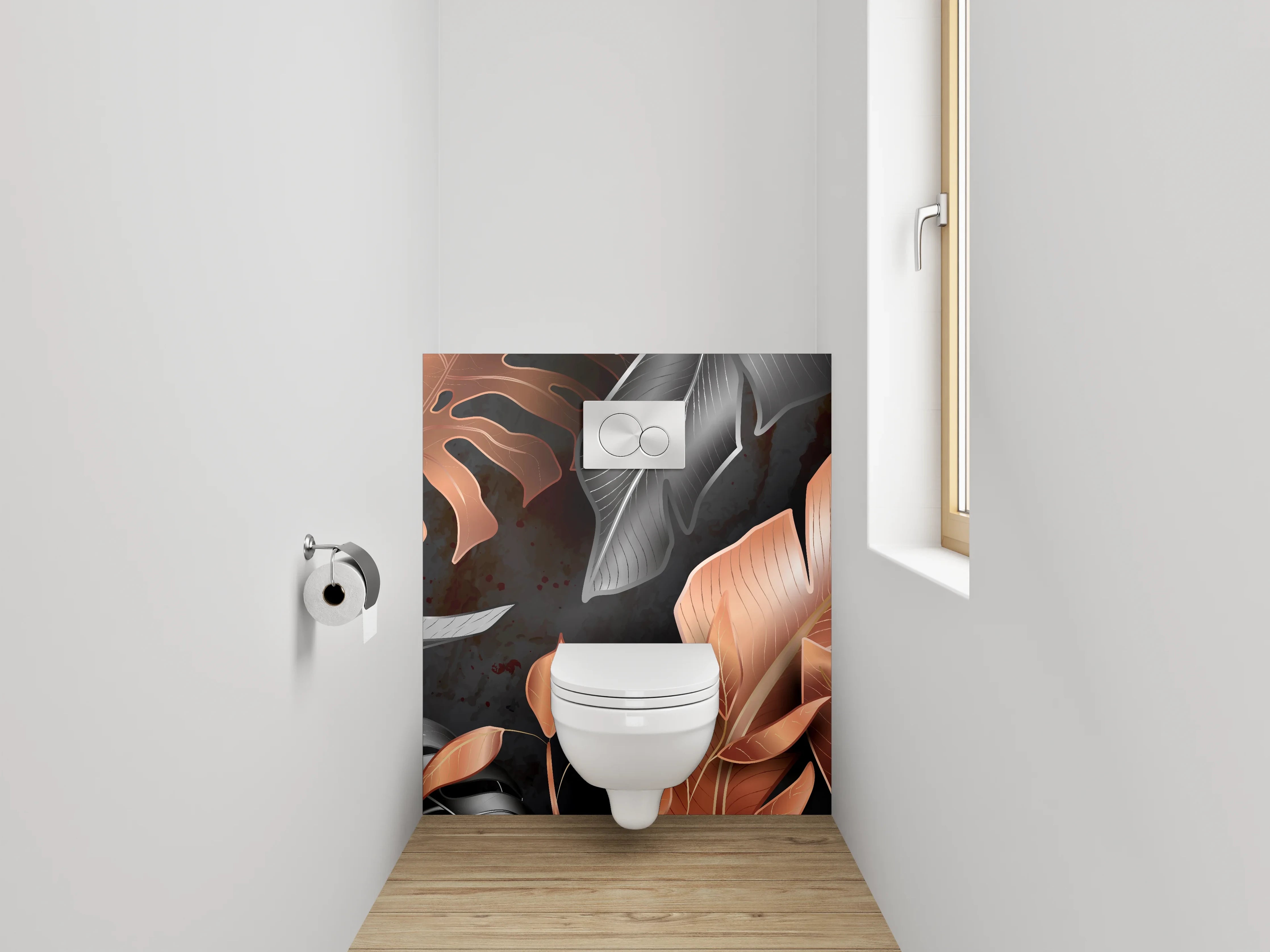 WC-Rückwand - Kupferfarbene Blätter auf Schwarz