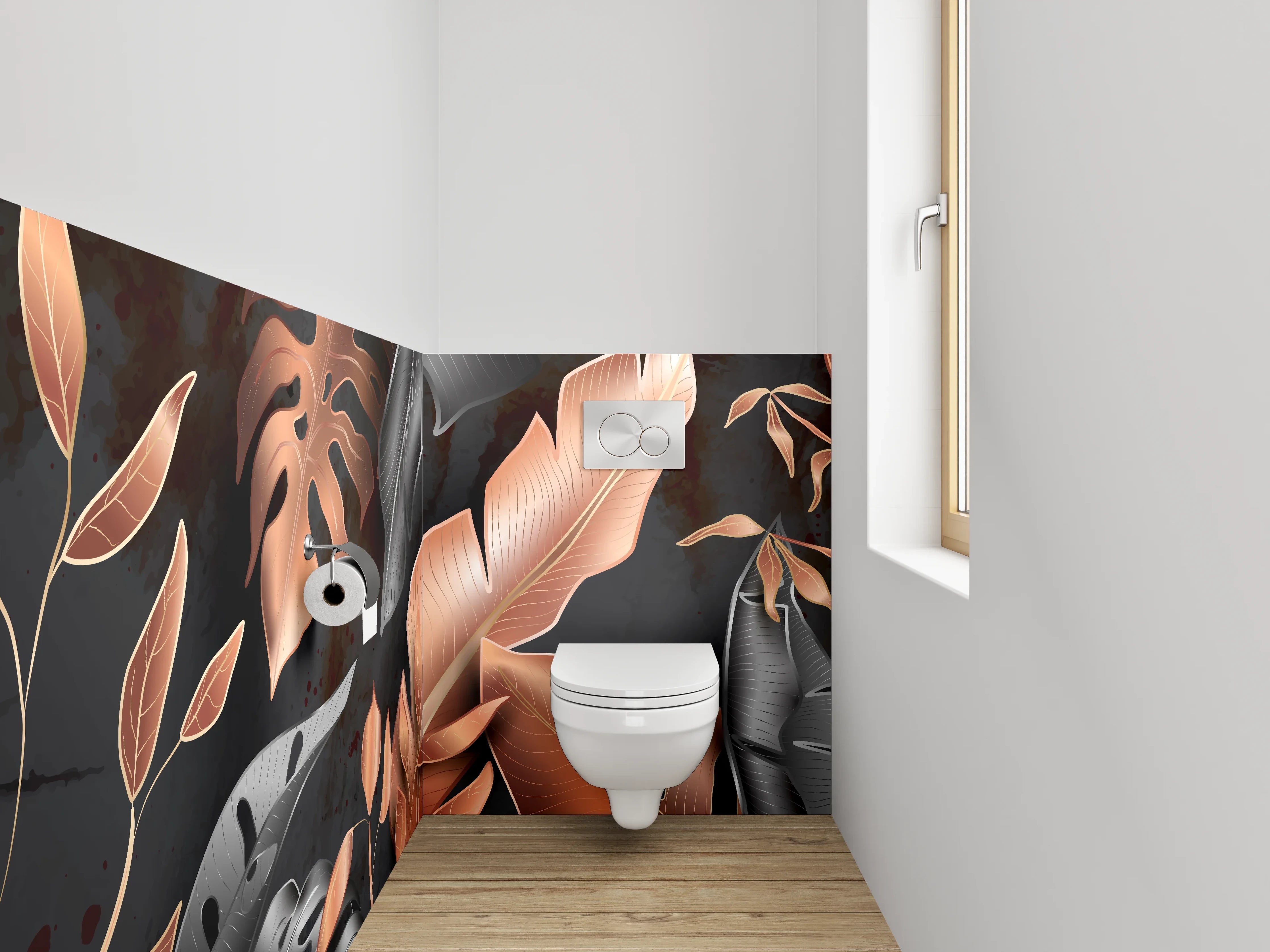 WC-Rückwand - Kupferfarbene Blätter auf Schwarz