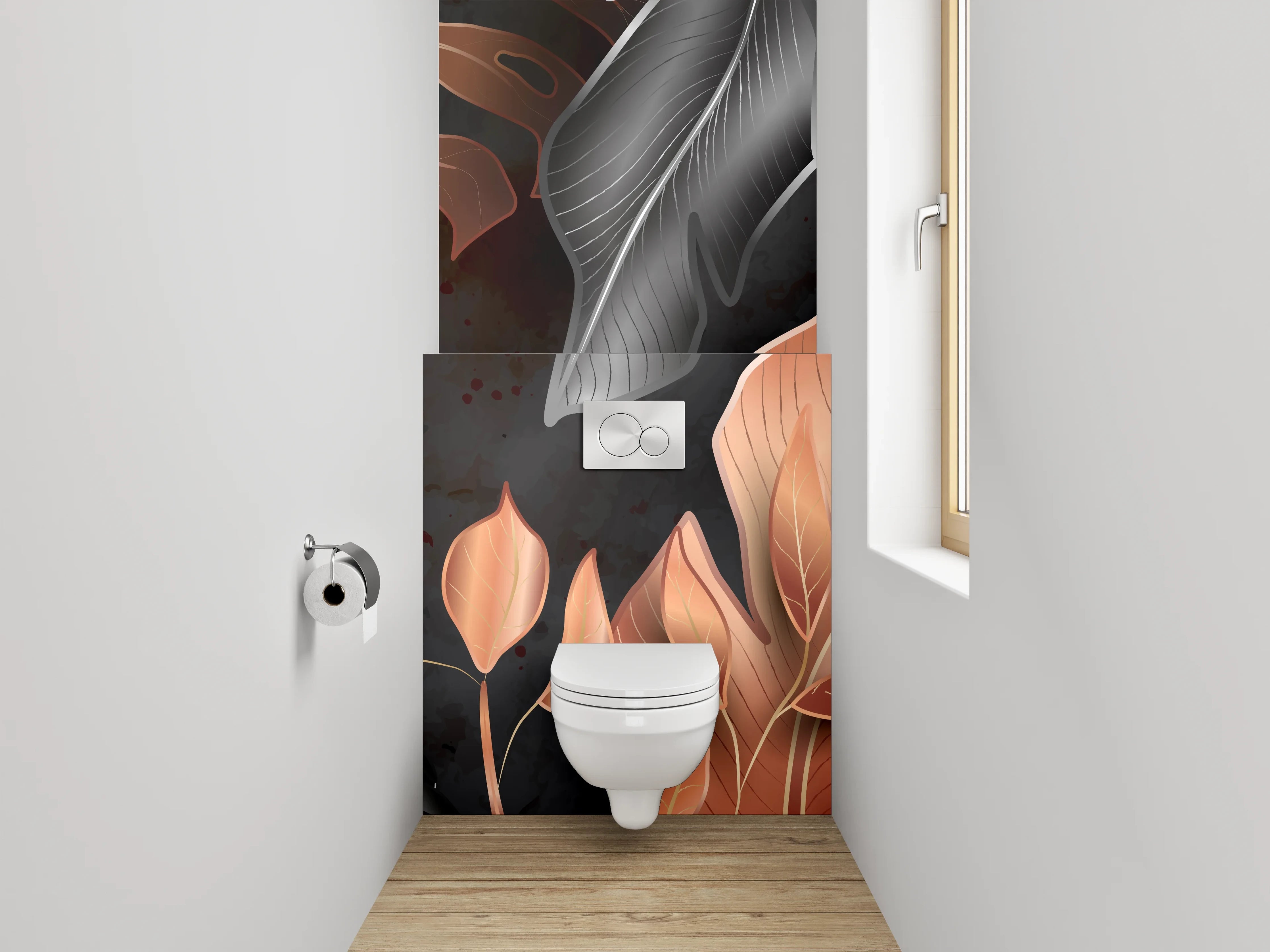 WC-Rückwand - Kupferfarbene Blätter auf Schwarz