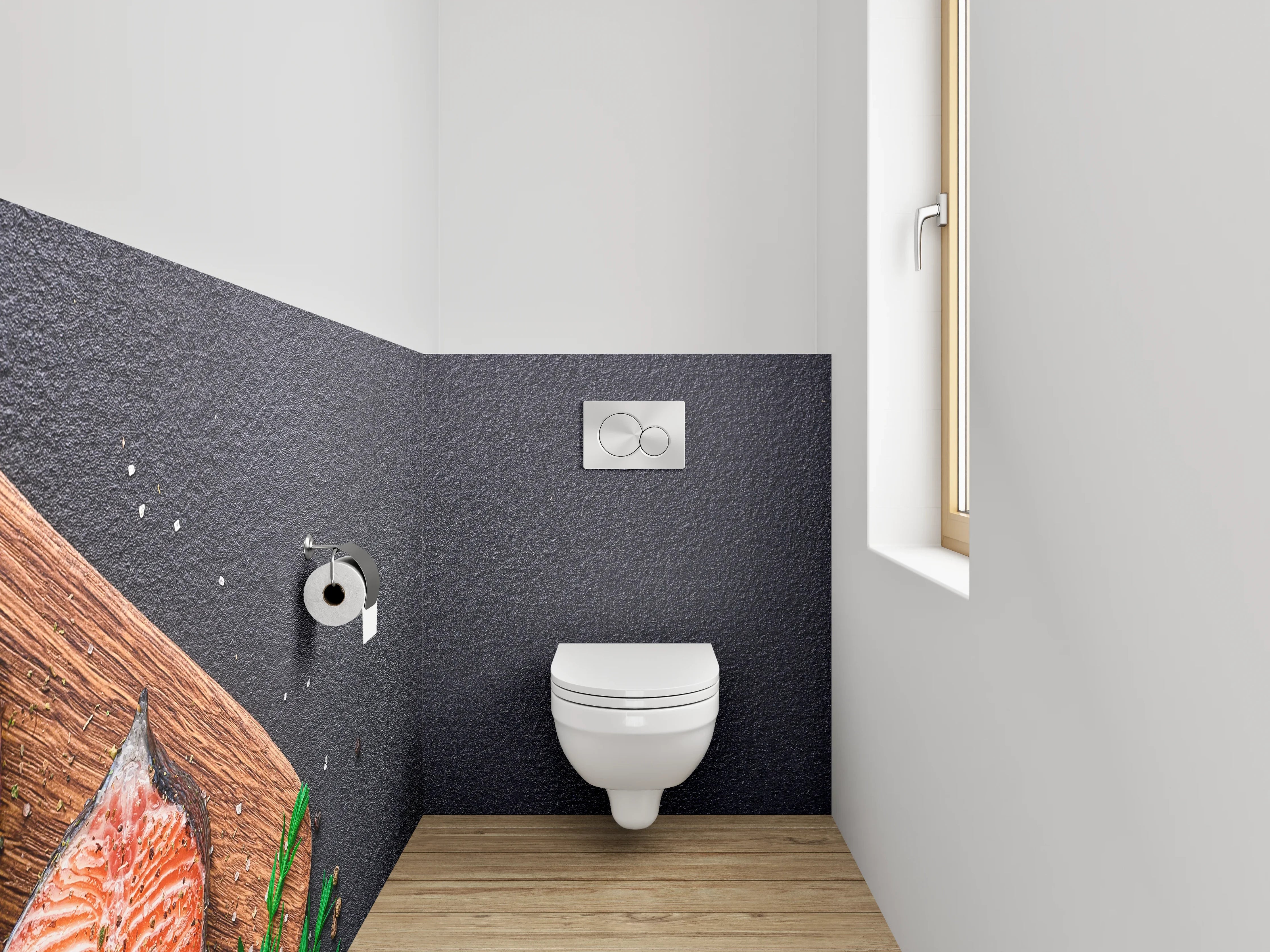 WC-Rückwand - Lachs-Steaks auf schwarzem Hintergrund