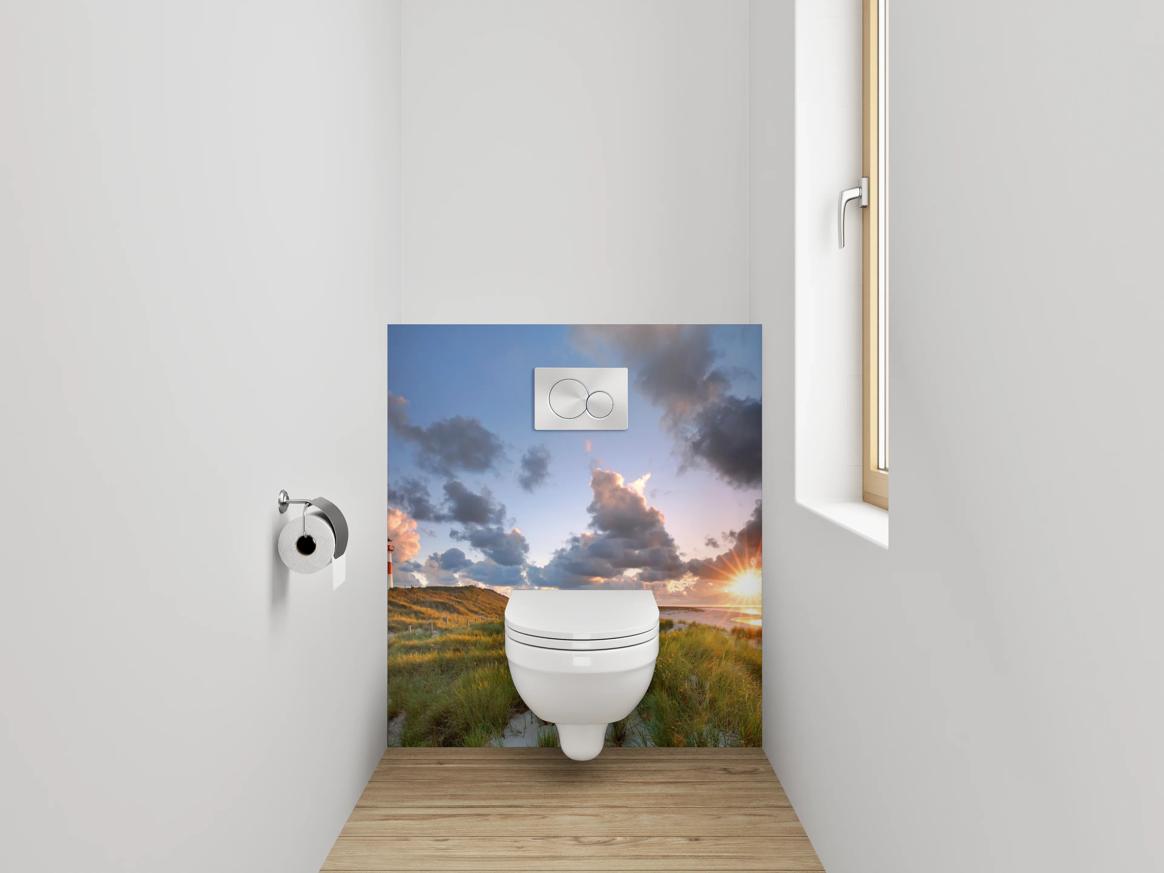 WC-Rückwand - Landschaft mit Leuchtturm und Dünen
