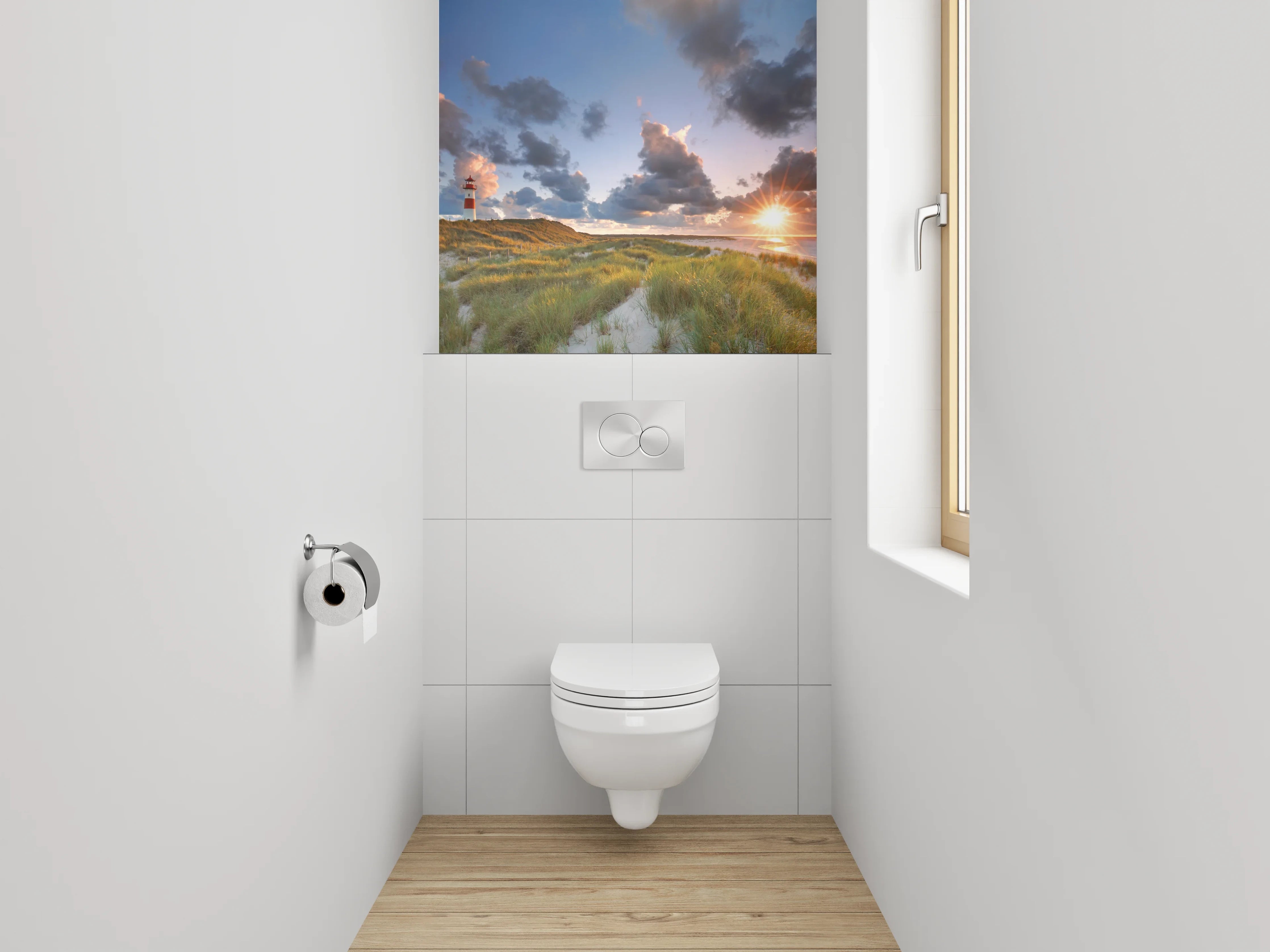 WC-Rückwand - Landschaft mit Leuchtturm und Dünen