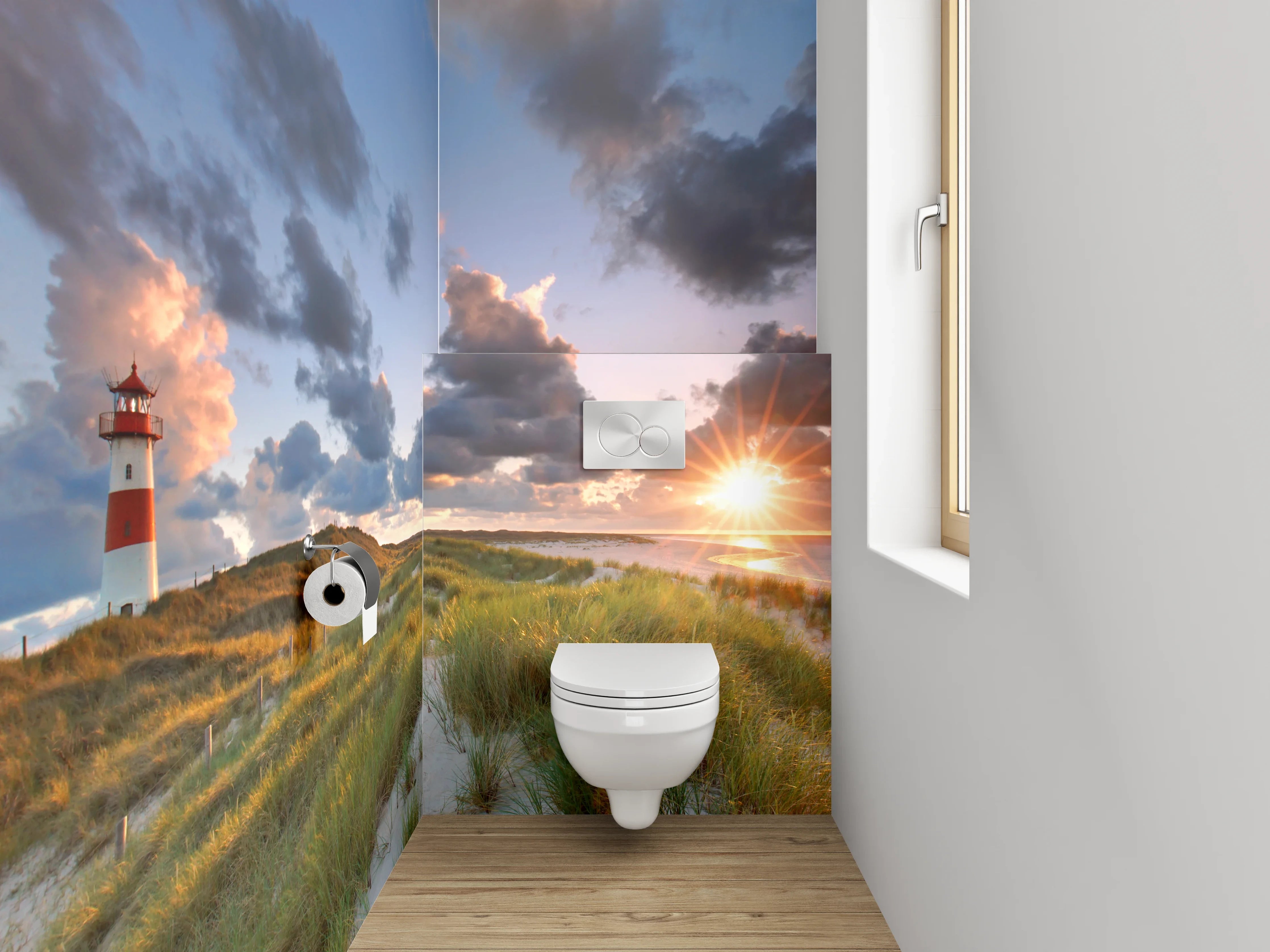 WC-Rückwand - Landschaft mit Leuchtturm und Dünen