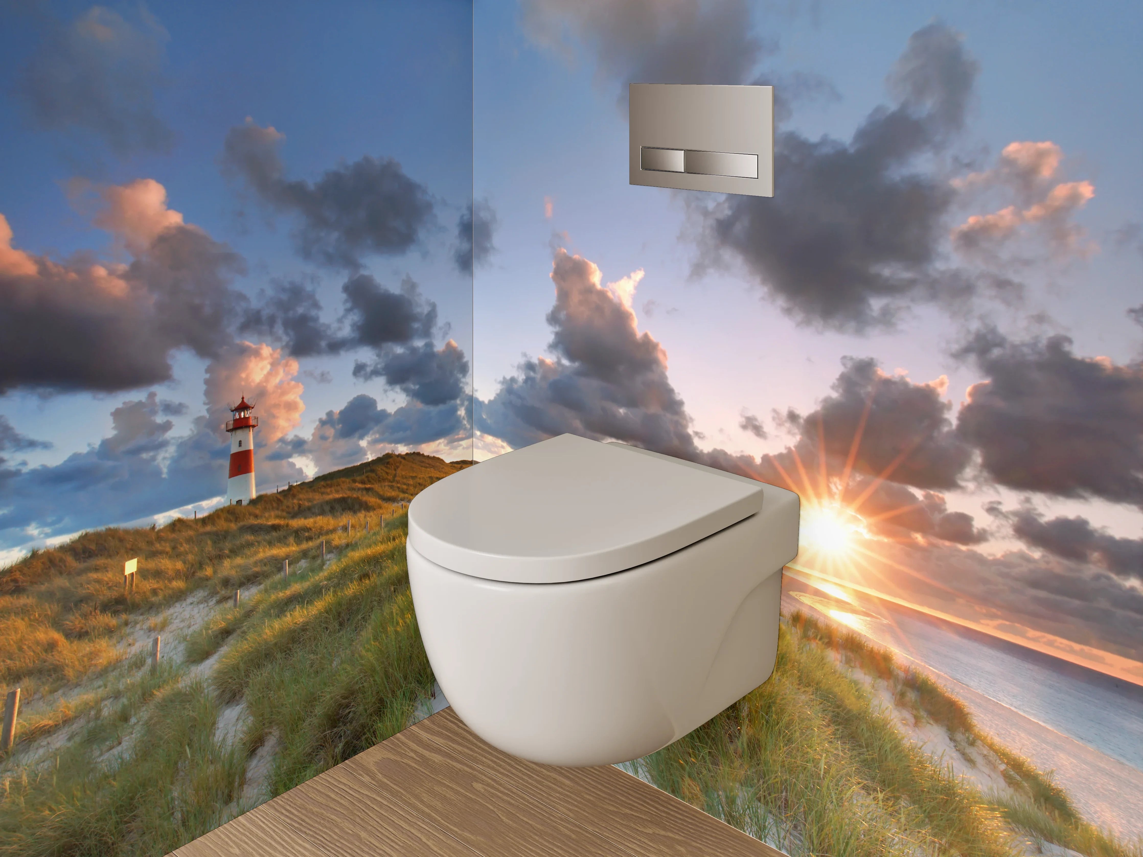 WC-Rückwand - Landschaft mit Leuchtturm und Dünen