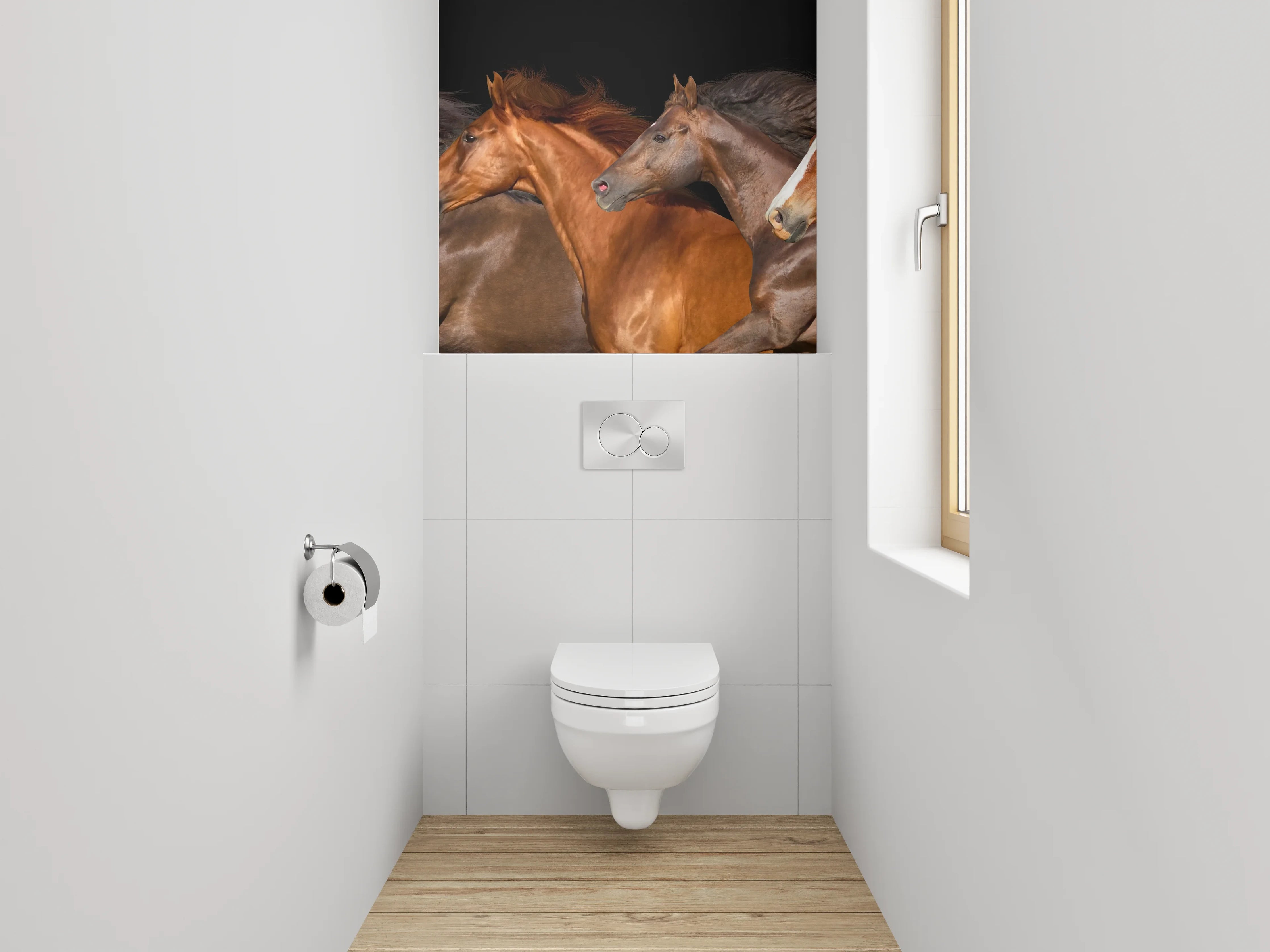 WC-Rückwand - Laufende Pferde auf schwarzem Hintergrund