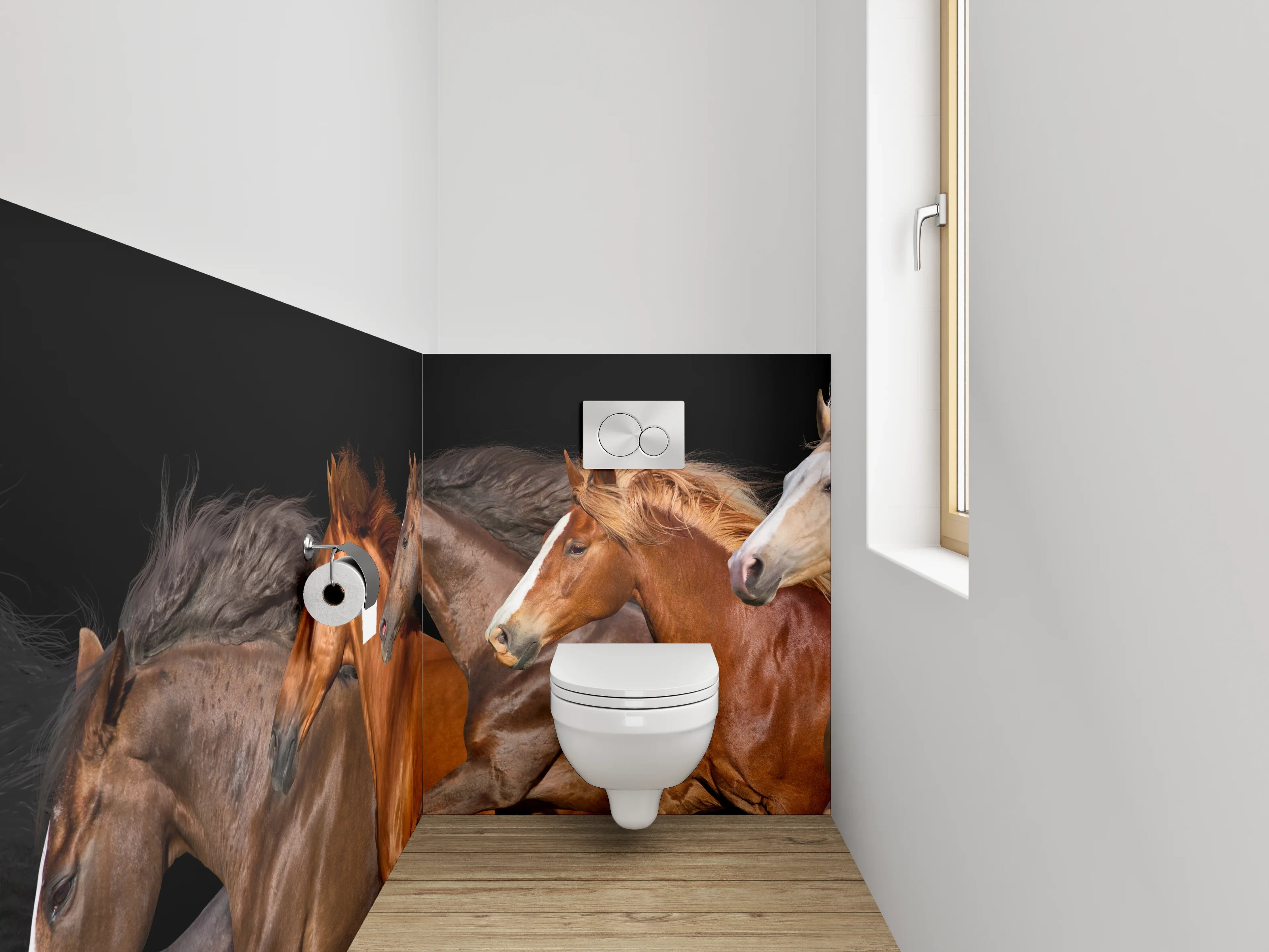 WC-Rückwand - Laufende Pferde auf schwarzem Hintergrund