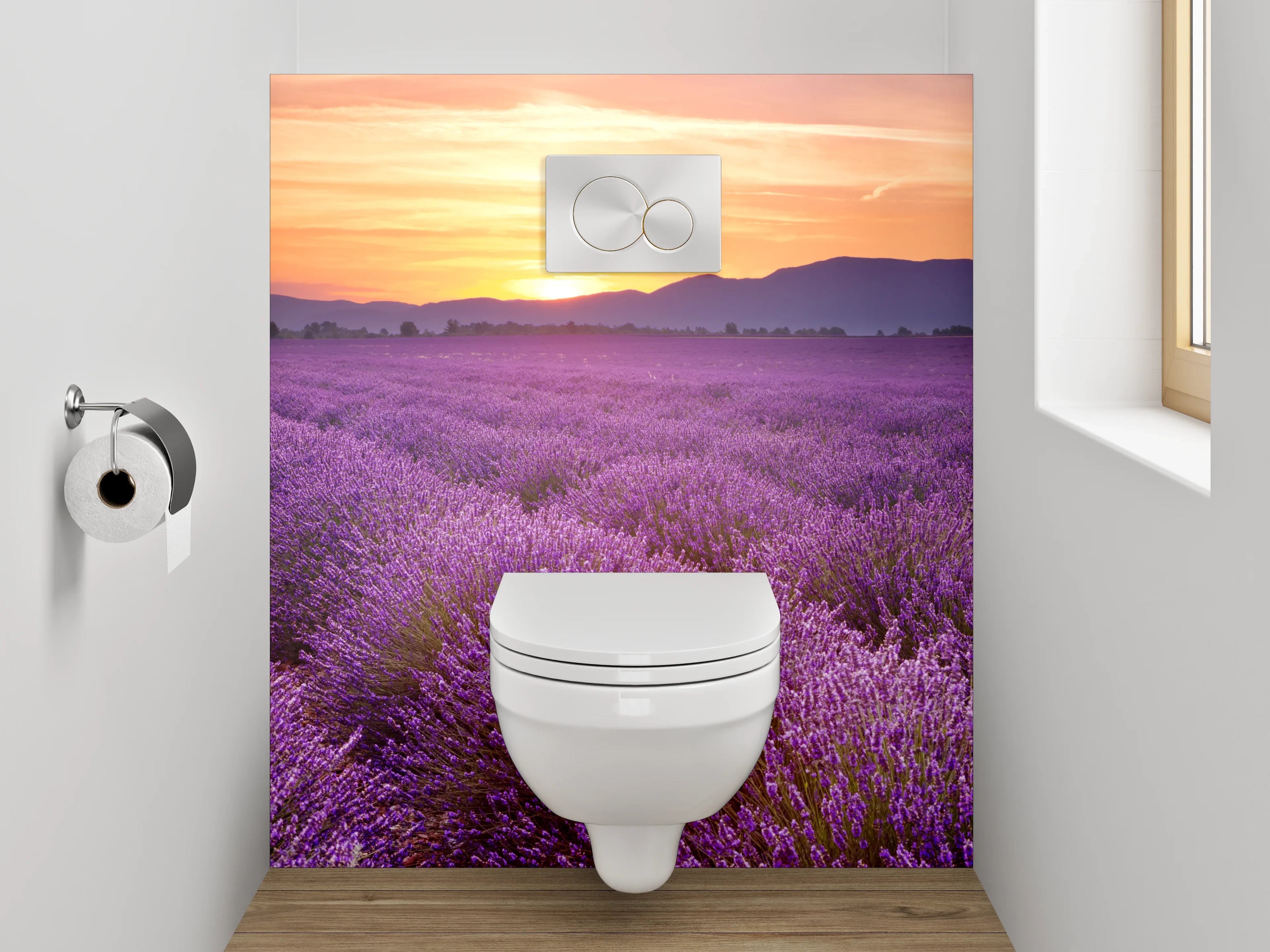 WC-Rückwand - Lavendelfeld bei Sonnenuntergang Panorama