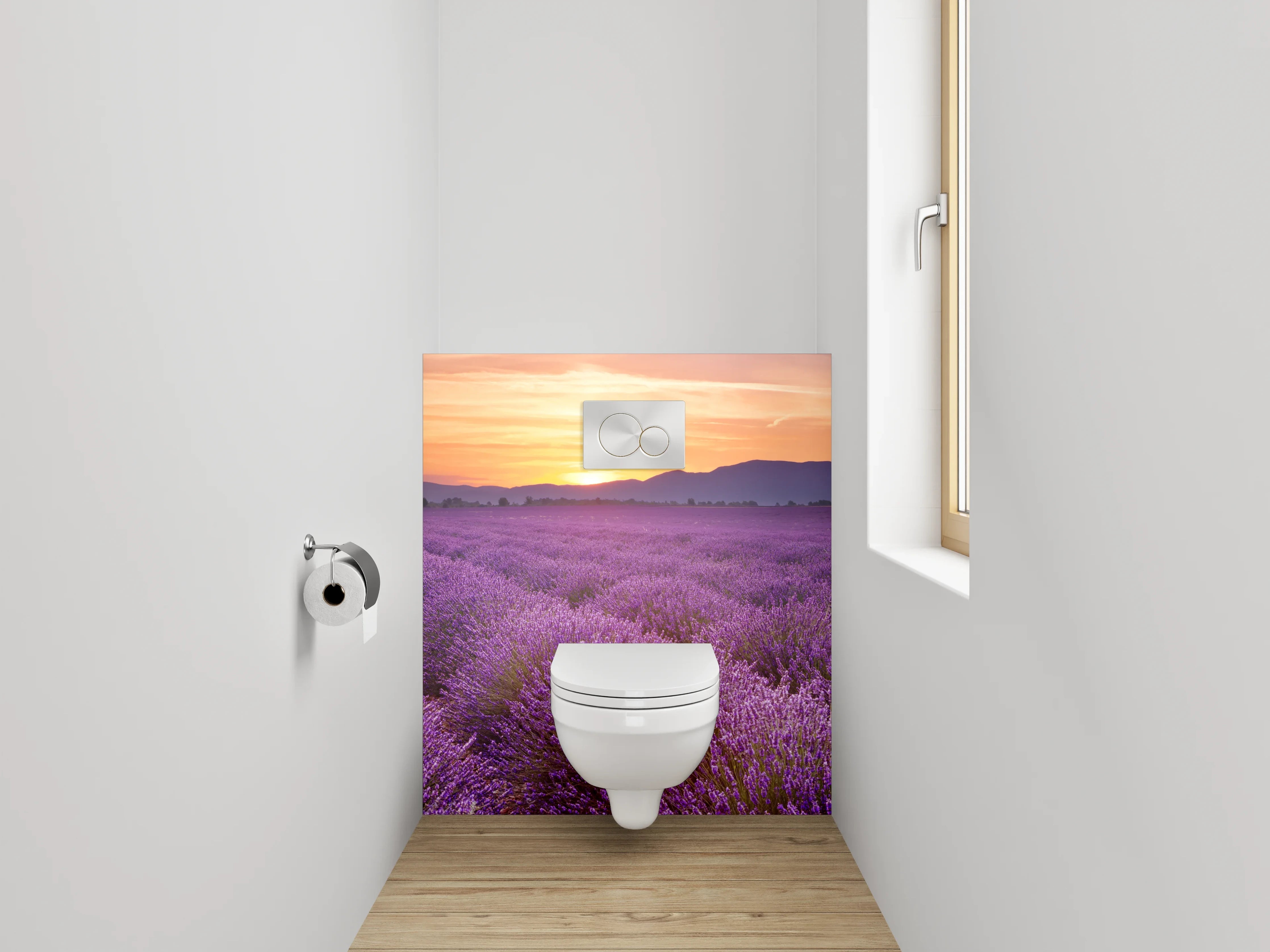 WC-Rückwand - Lavendelfeld bei Sonnenuntergang Panorama