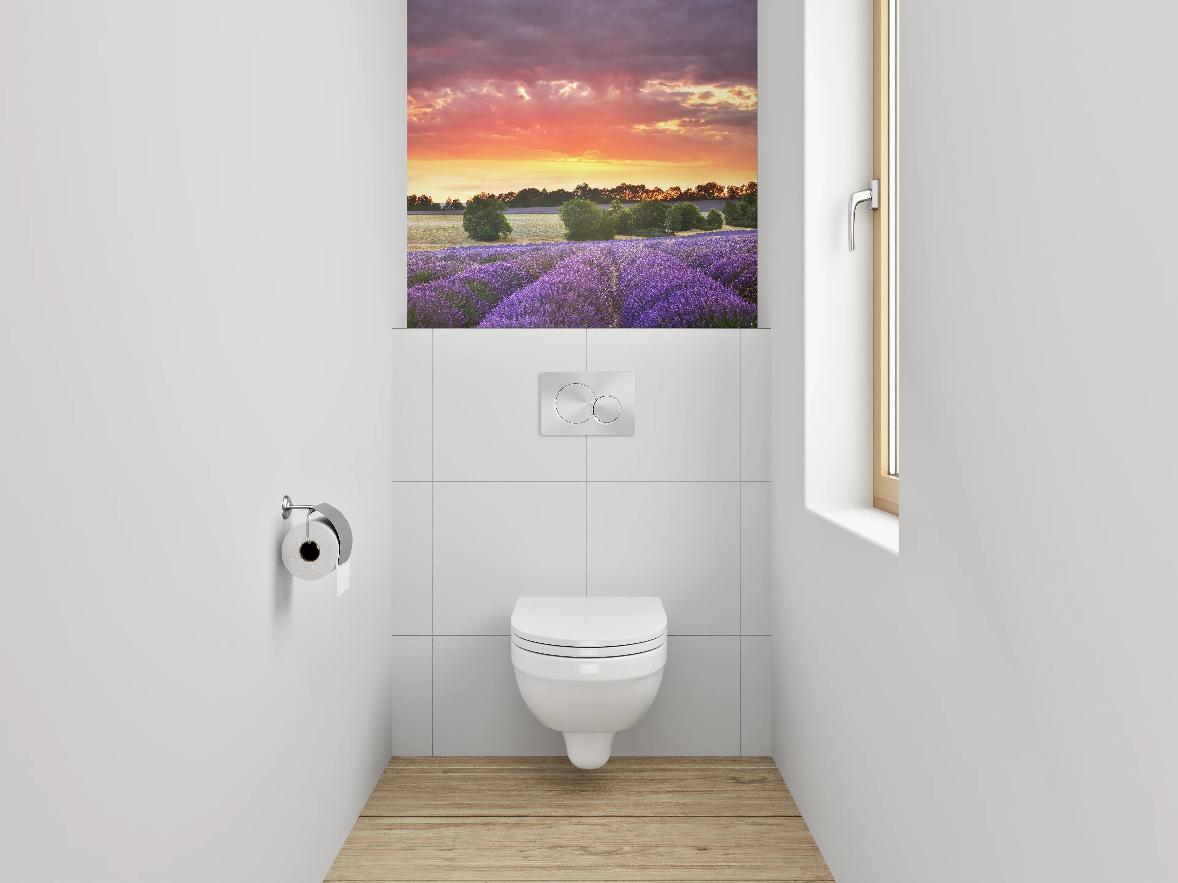 WC-Rückwand - Lavendelfeld im Sonnenuntergang Panorama
