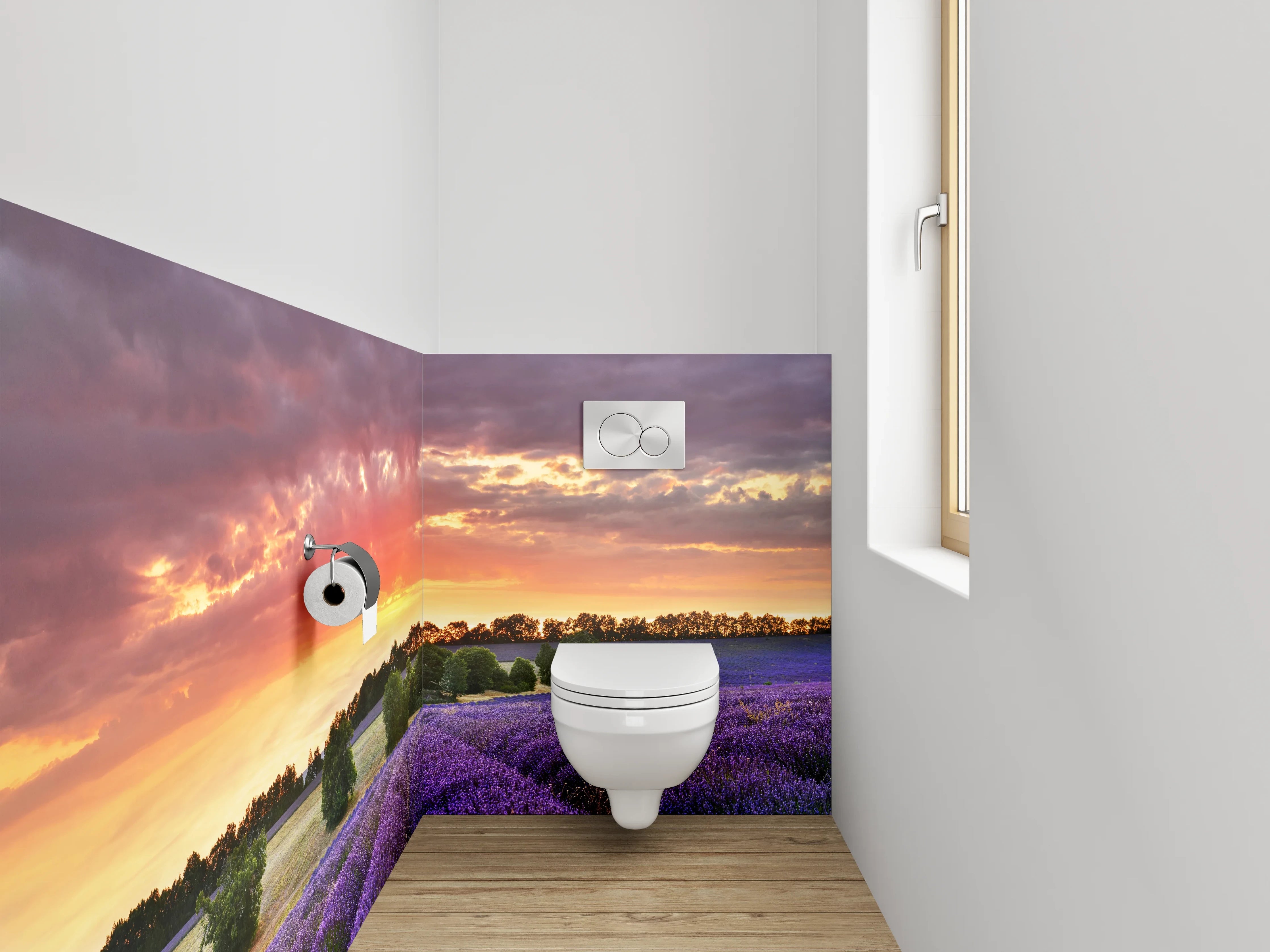 WC-Rückwand - Lavendelfeld im Sonnenuntergang Panorama