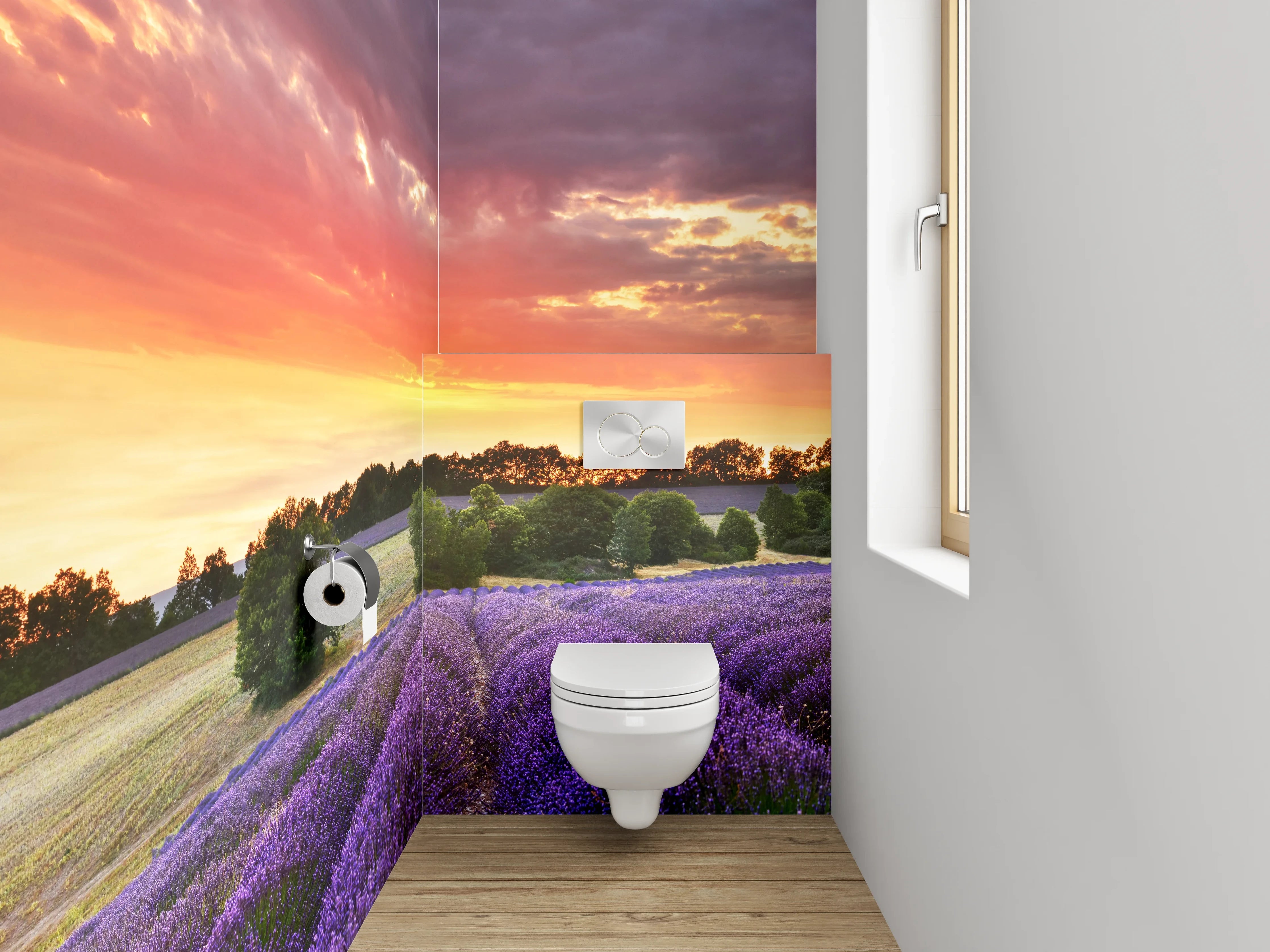 WC-Rückwand - Lavendelfeld im Sonnenuntergang Panorama