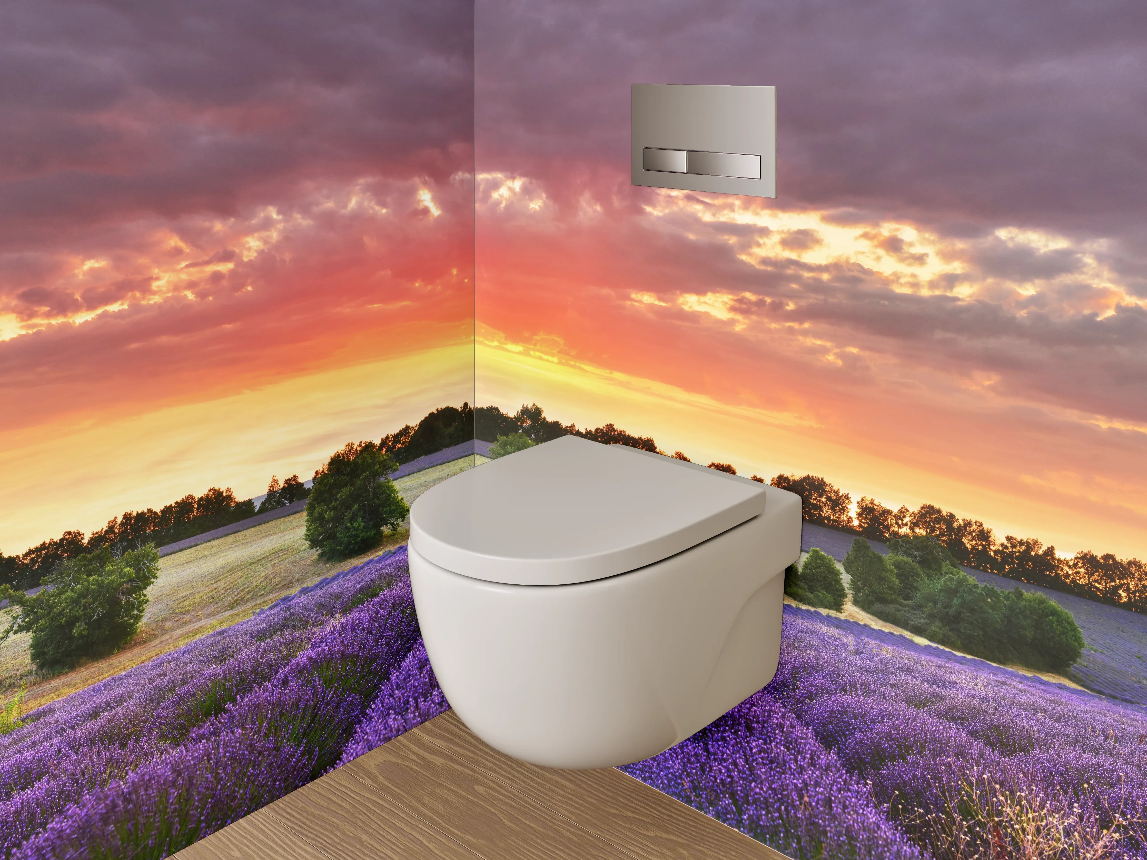 WC-Rückwand - Lavendelfeld im Sonnenuntergang Panorama