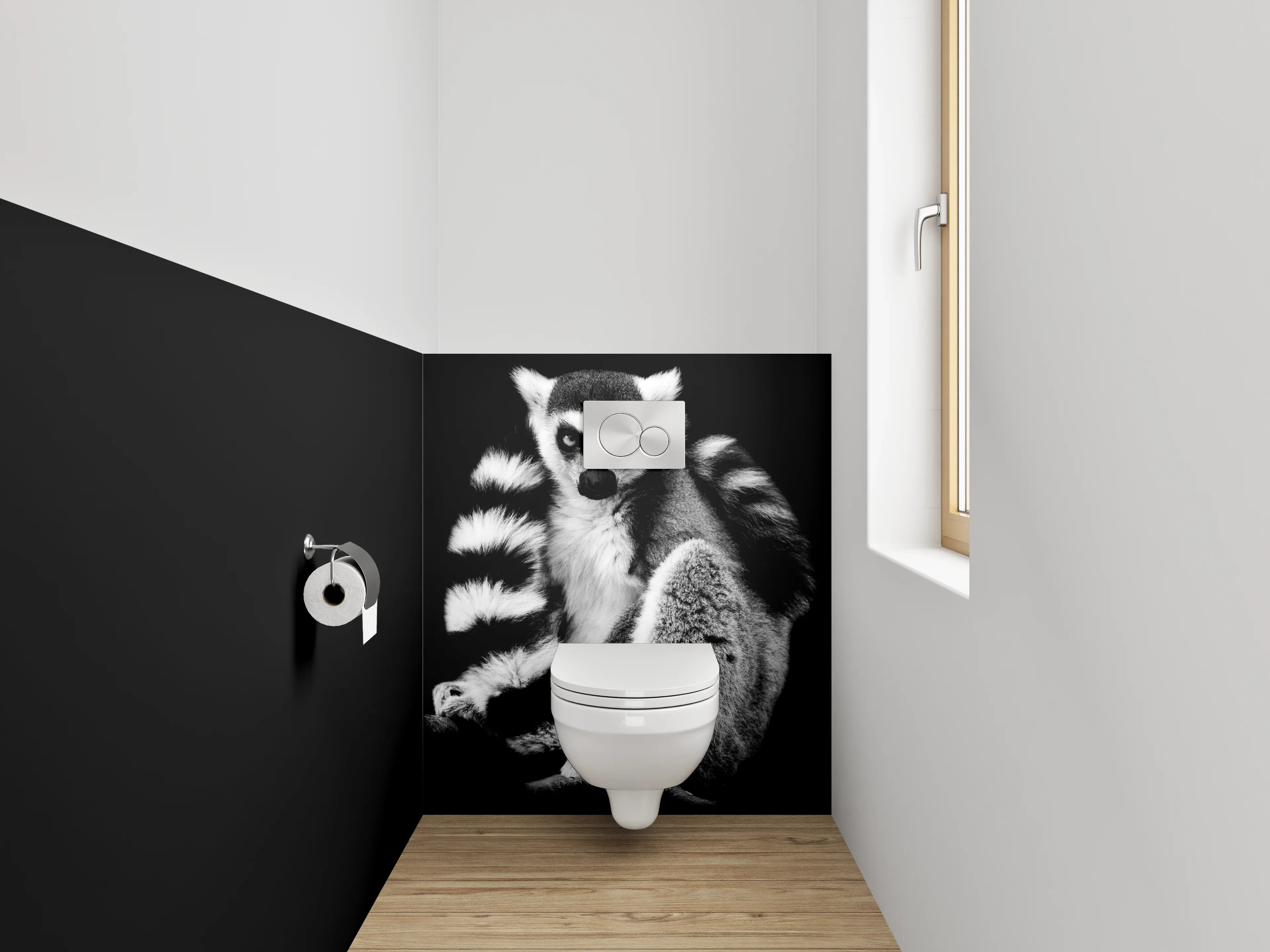 WC-Rückwand - Lemur im Schwarz-Weiß Design