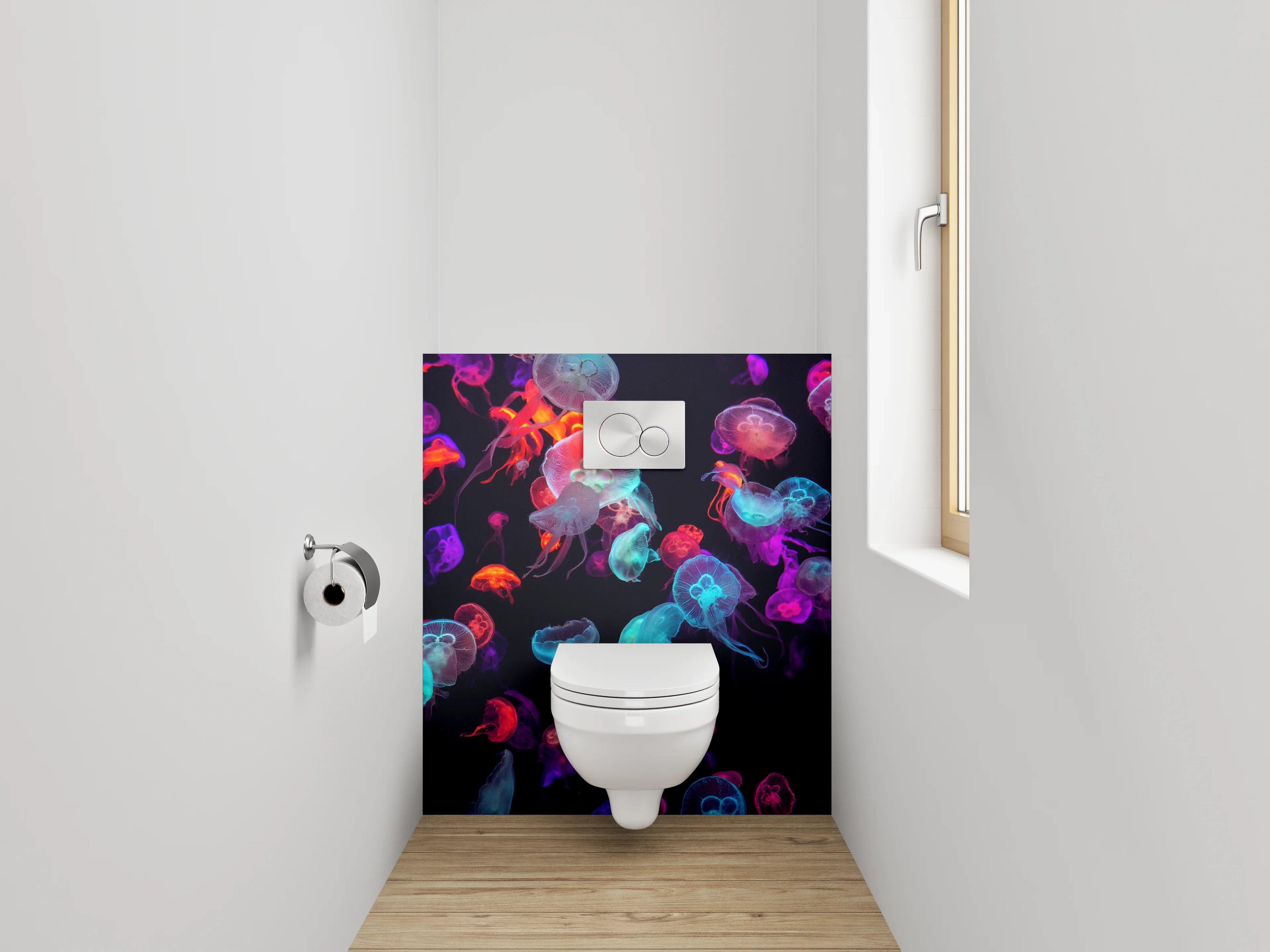 WC-Rückwand - Leuchtende Quallen im Neonlicht