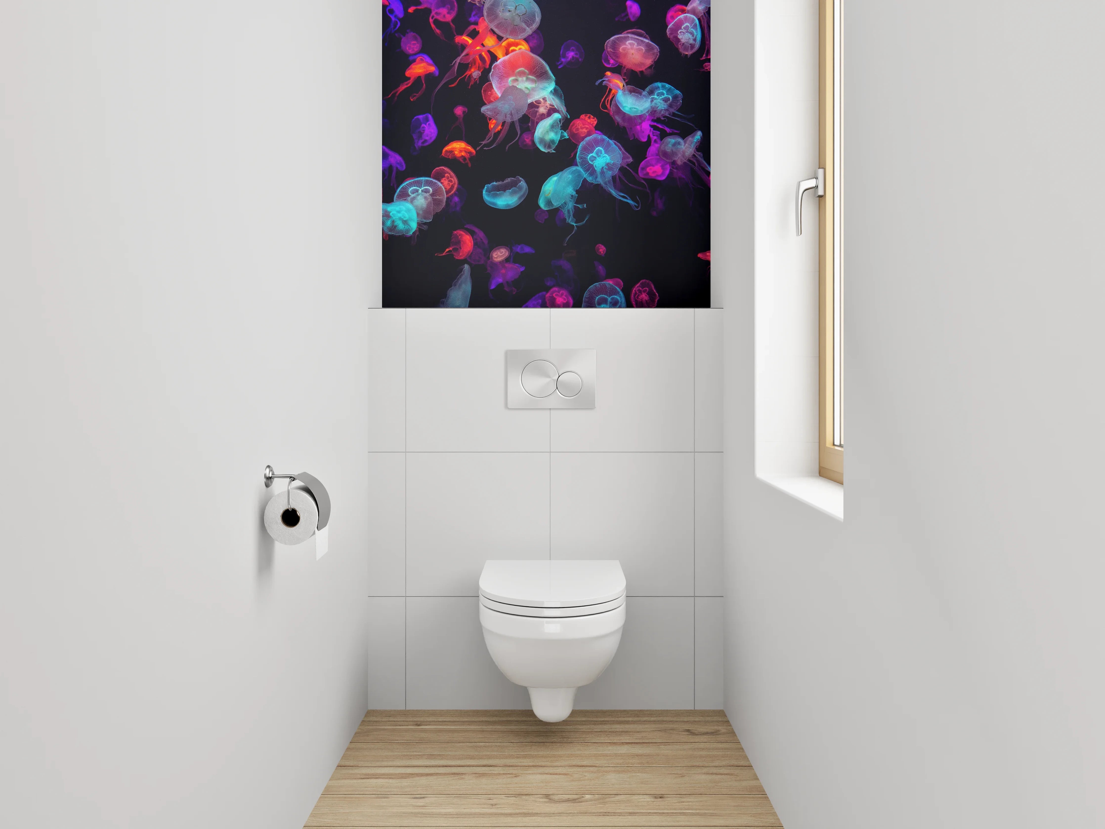 WC-Rückwand - Leuchtende Quallen im Neonlicht