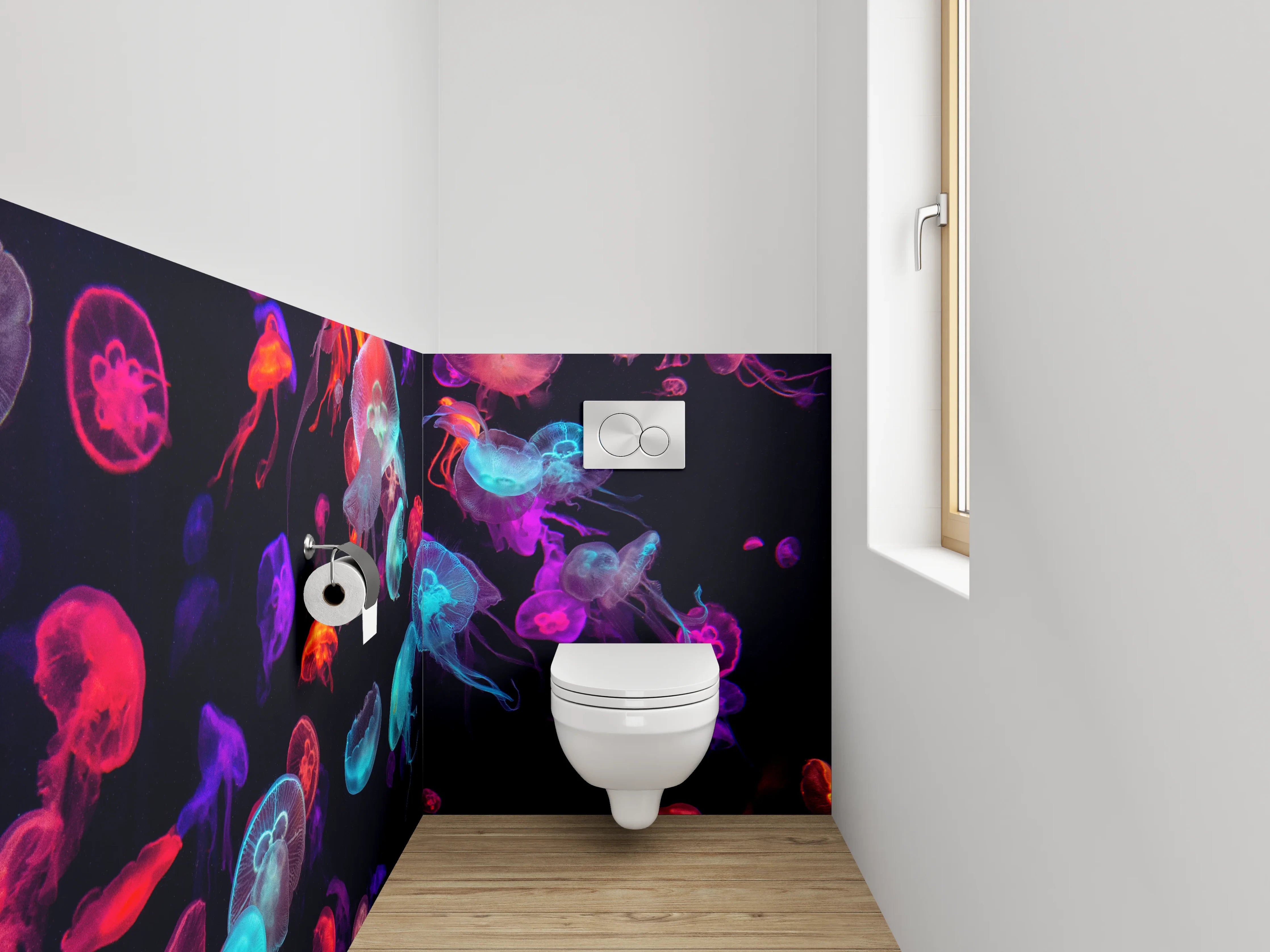 WC-Rückwand - Leuchtende Quallen im Neonlicht
