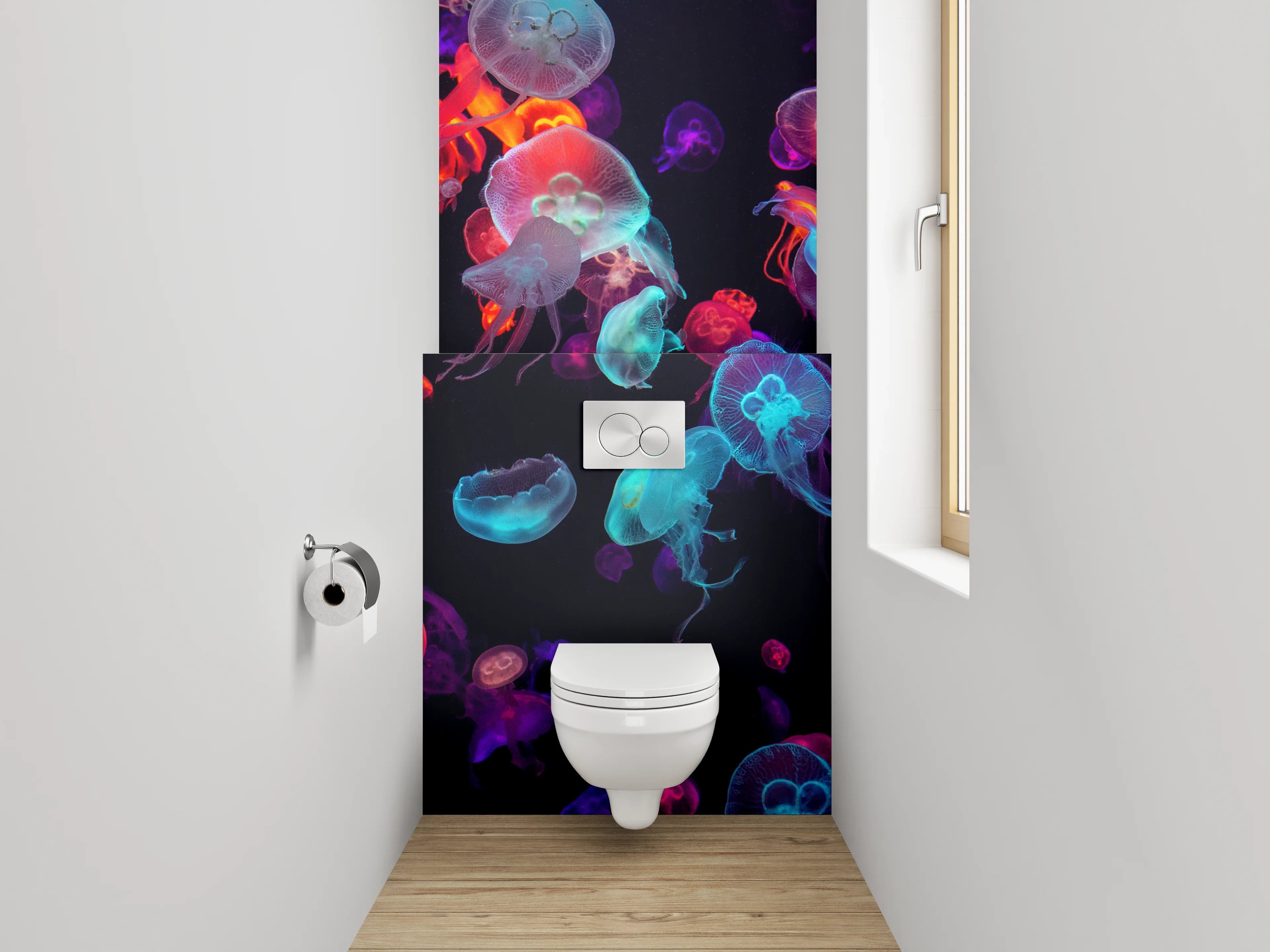 WC-Rückwand - Leuchtende Quallen im Neonlicht