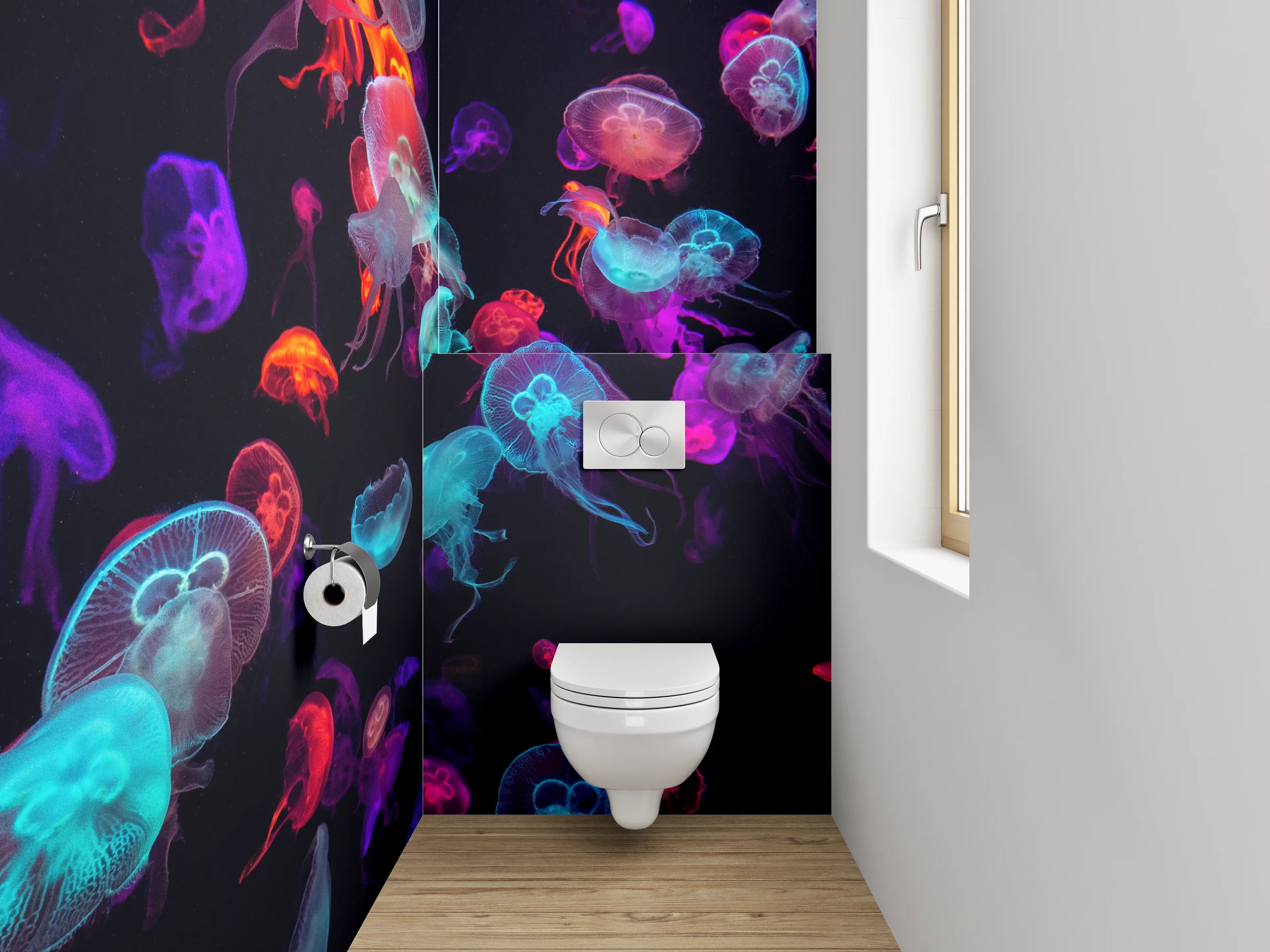 WC-Rückwand - Leuchtende Quallen im Neonlicht