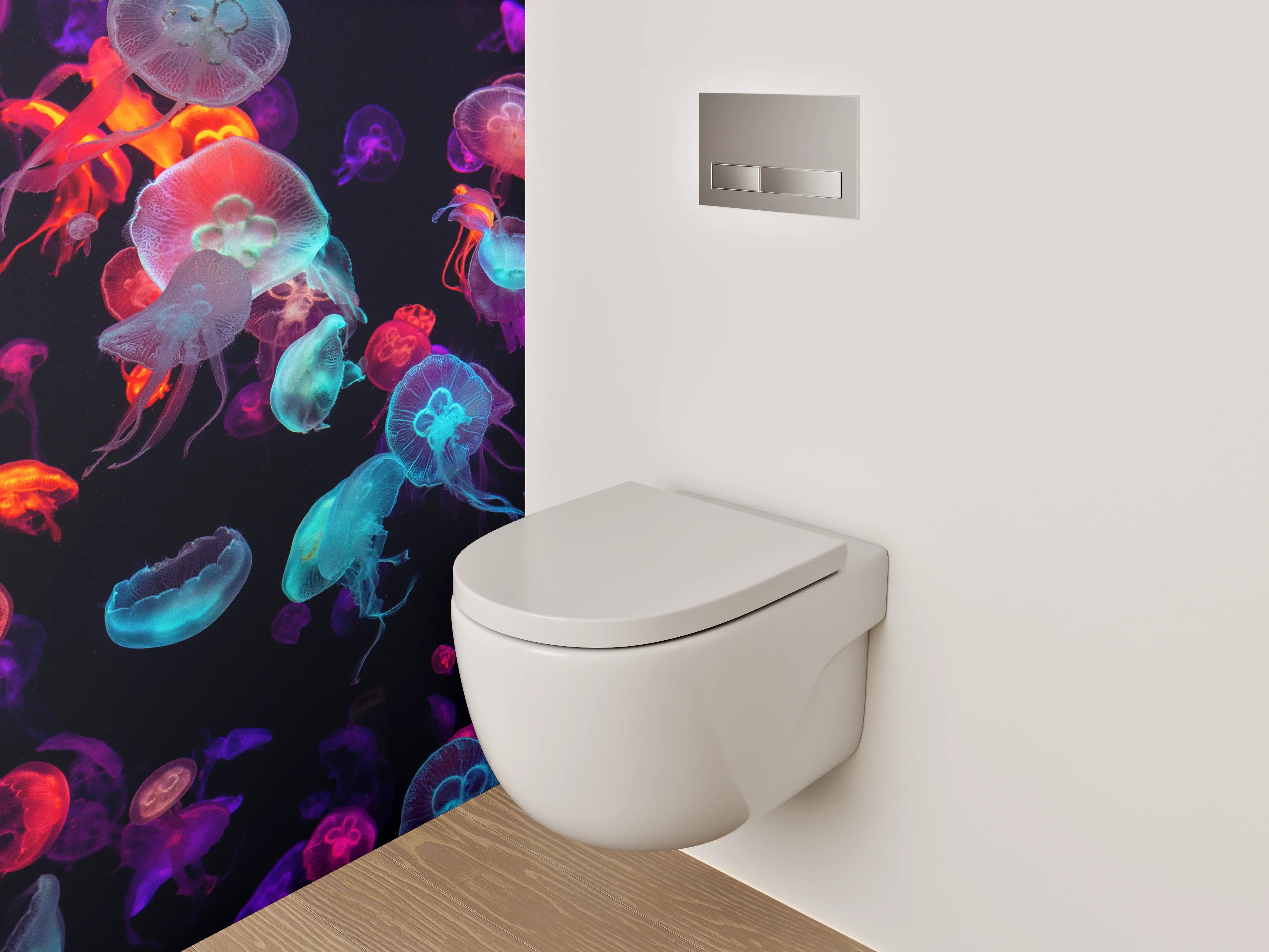 WC-Rückwand - Leuchtende Quallen im Neonlicht