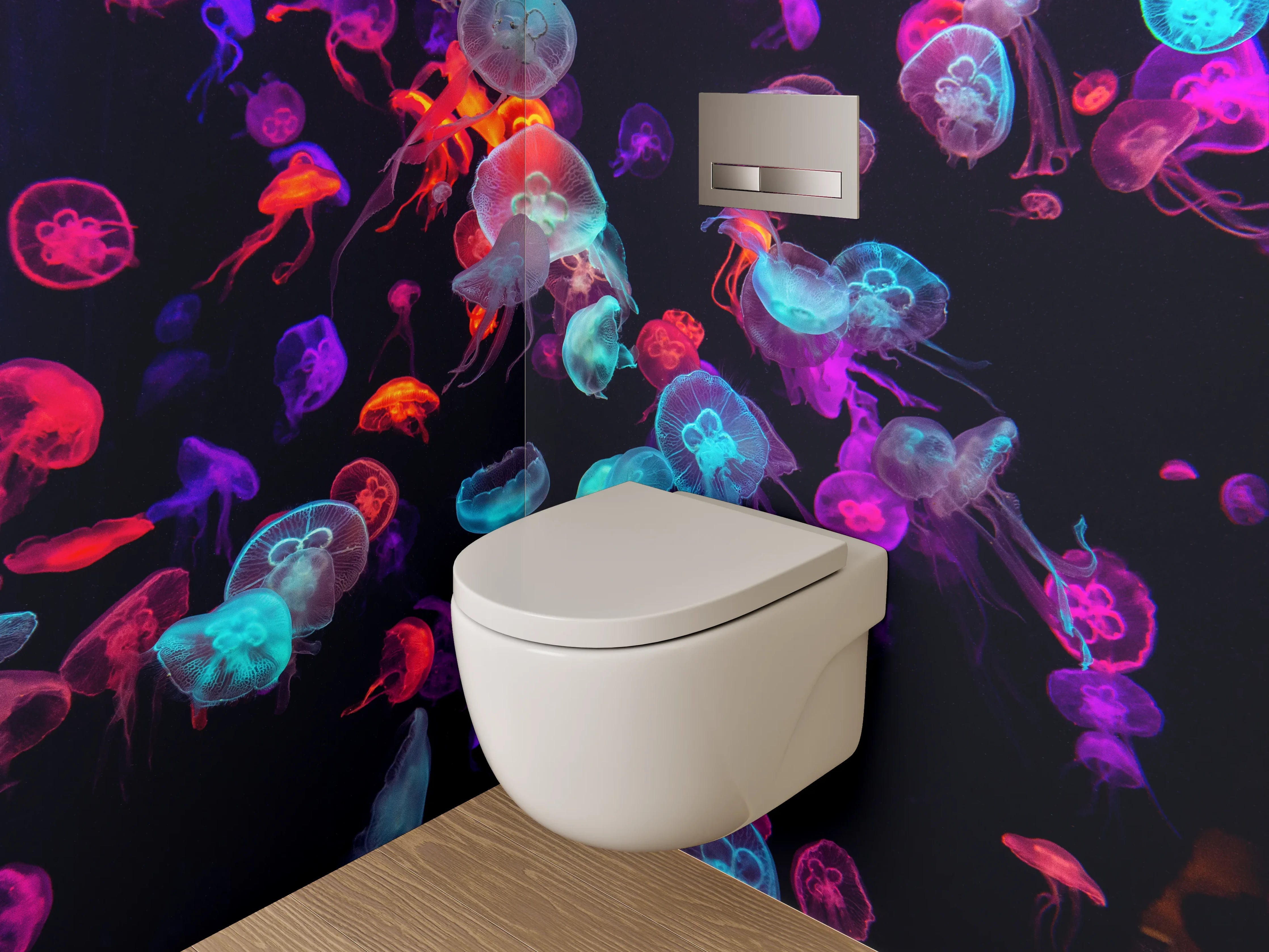 WC-Rückwand - Leuchtende Quallen im Neonlicht