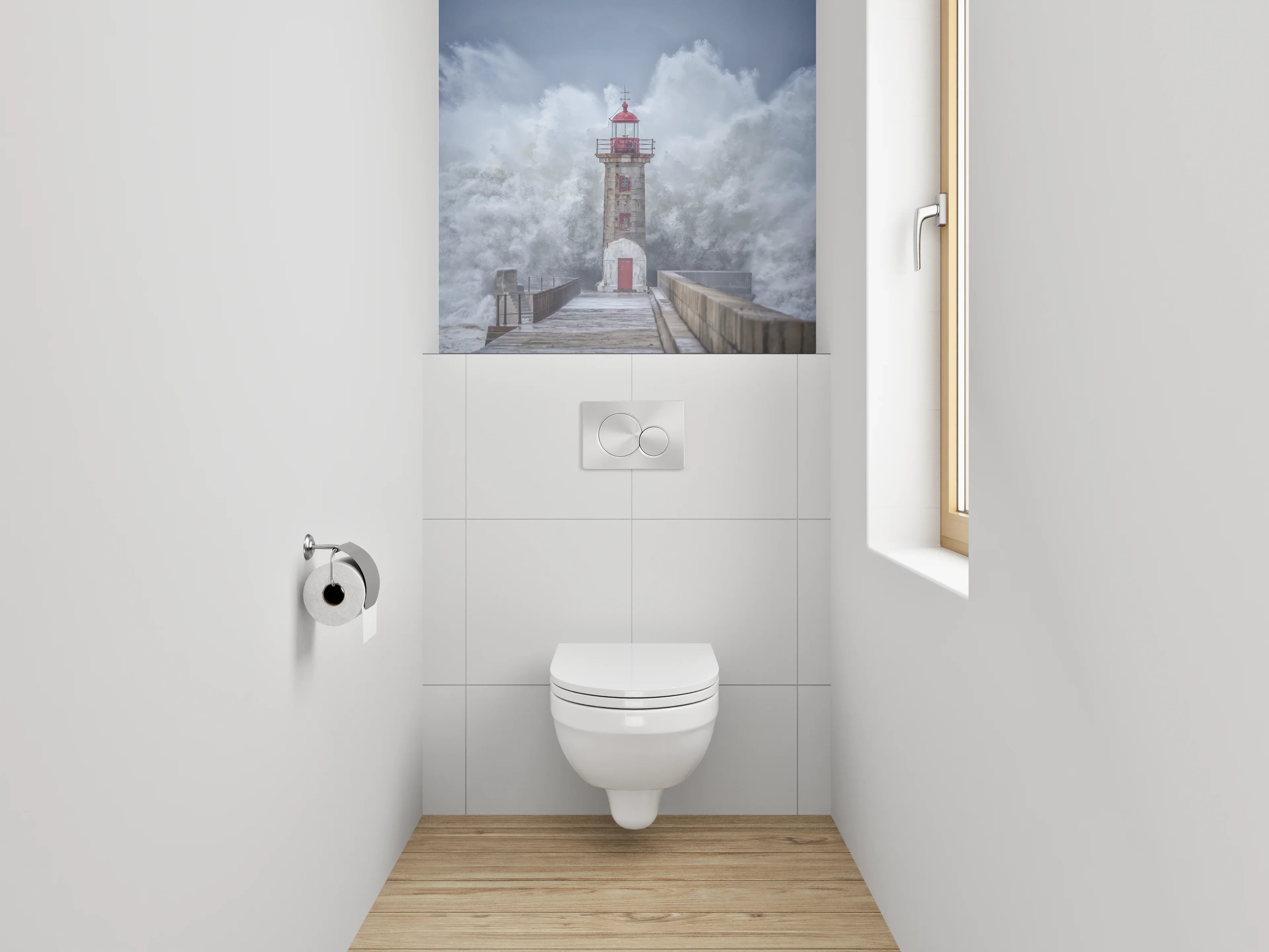 WC-Rückwand - Leuchtturm Sturmwelle Fotokunst