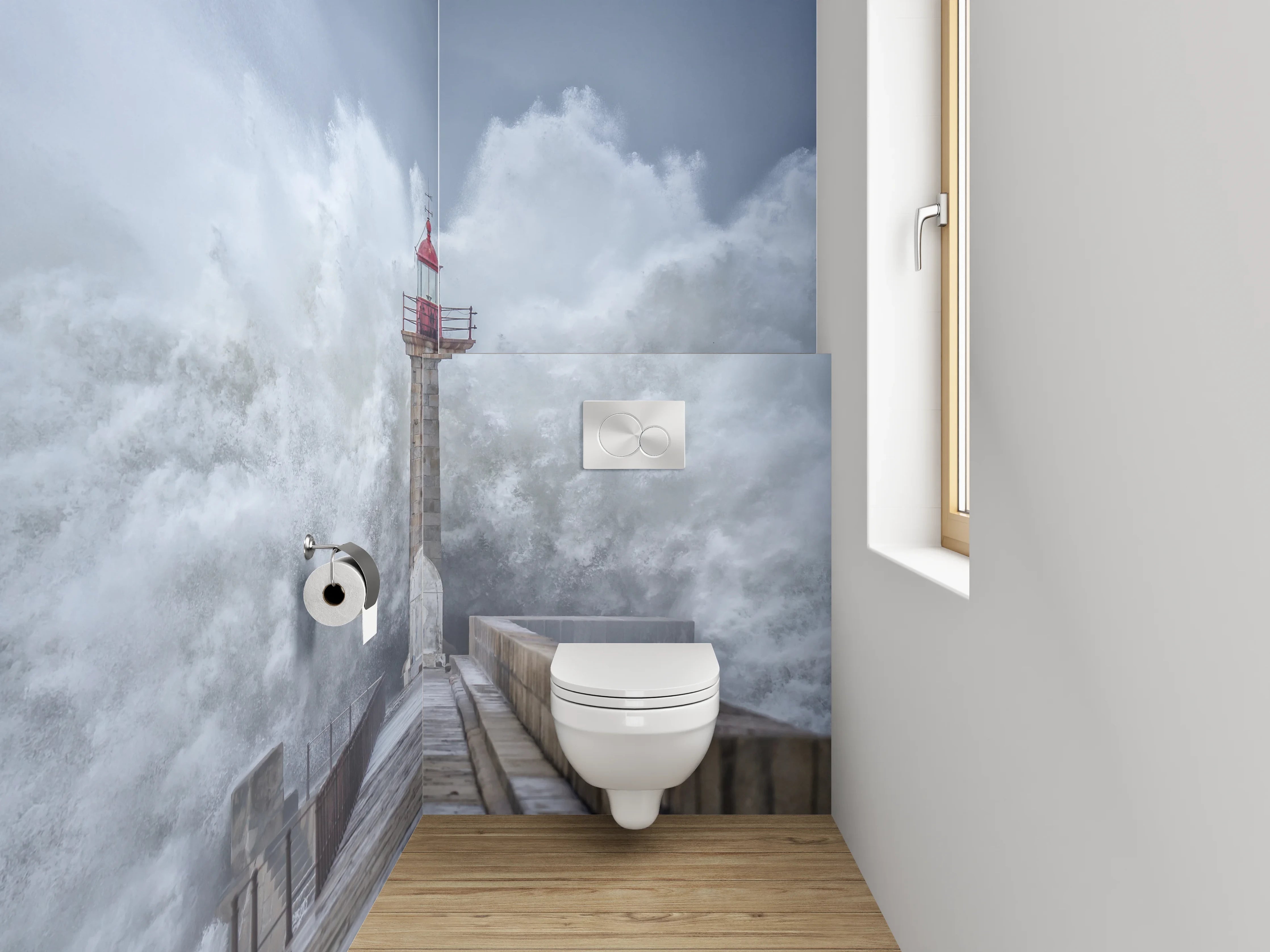 WC-Rückwand - Leuchtturm Sturmwelle Fotokunst