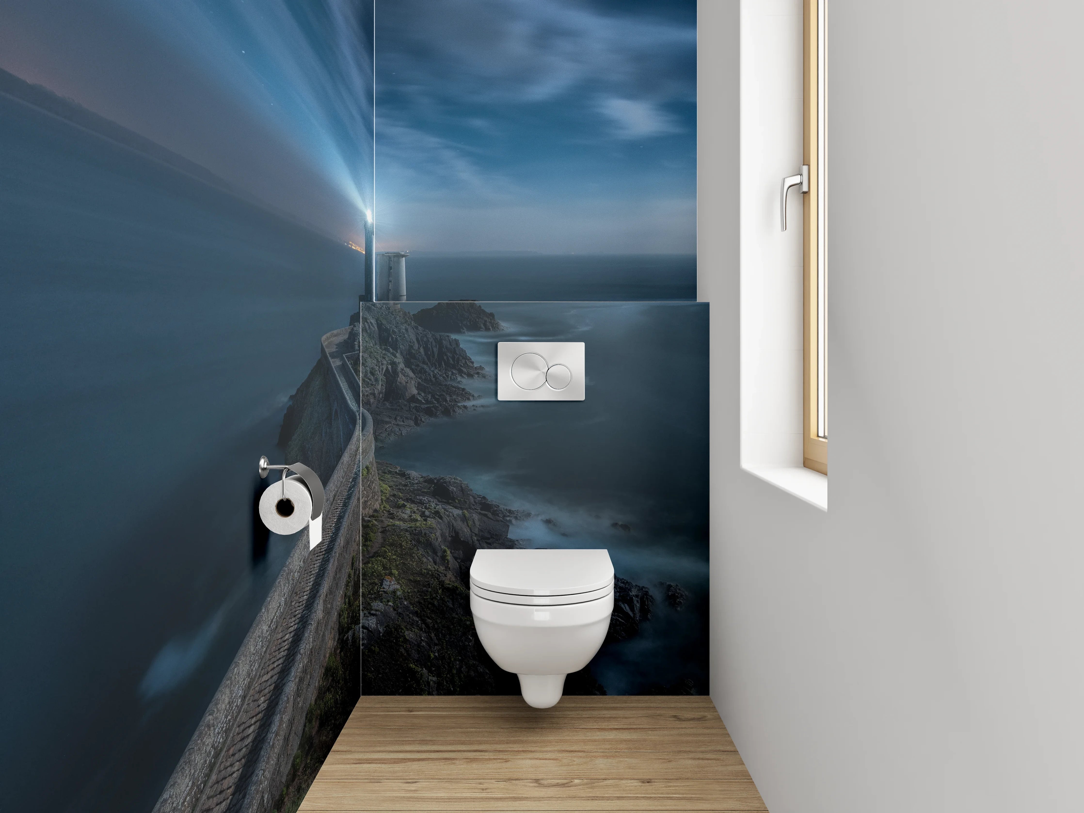 WC-Rückwand - Leuchtturm an rauer Meeresküste