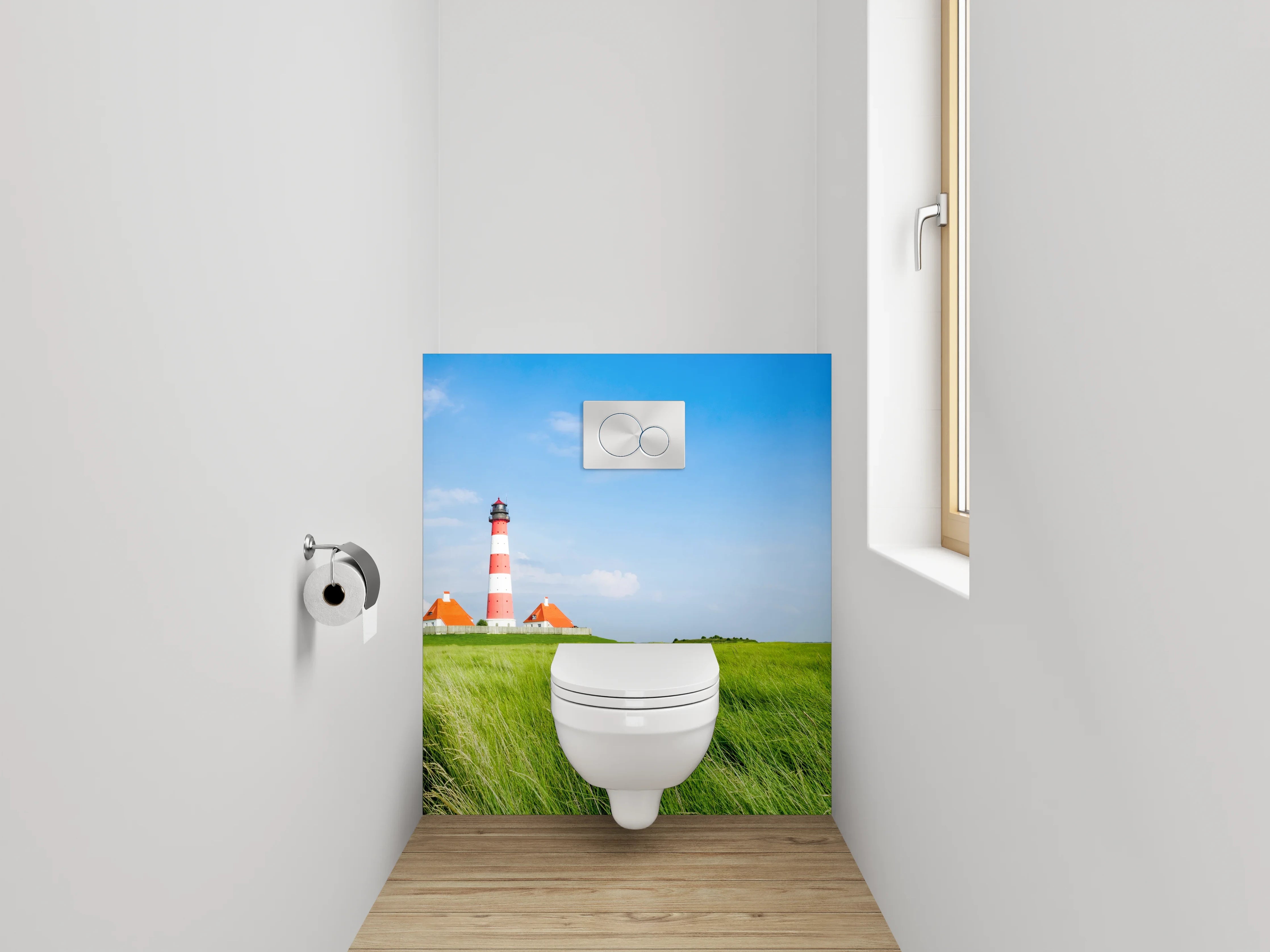WC-Rückwand - Leuchtturm auf grüner Wiese Panorama