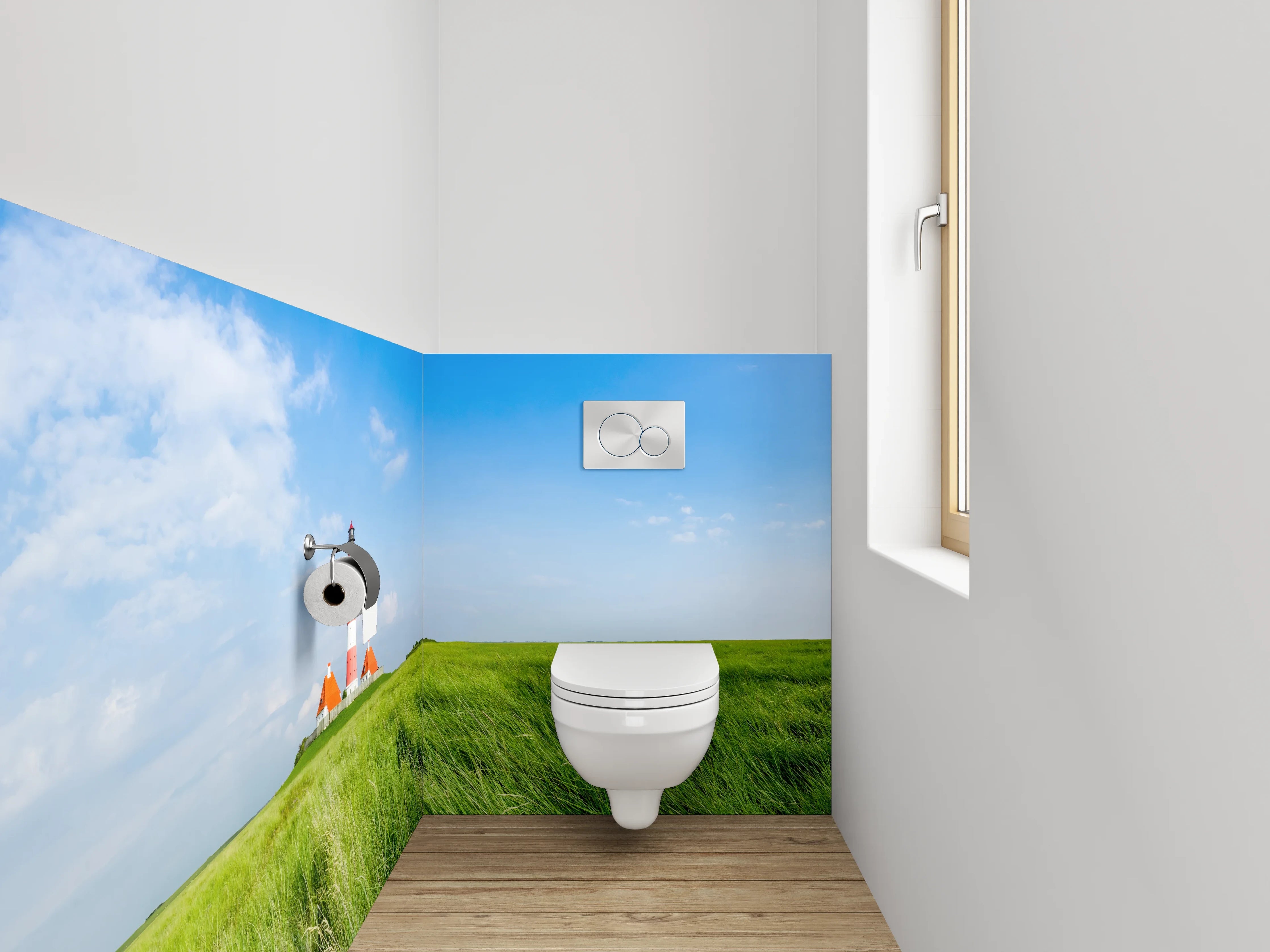 WC-Rückwand - Leuchtturm auf grüner Wiese Panorama