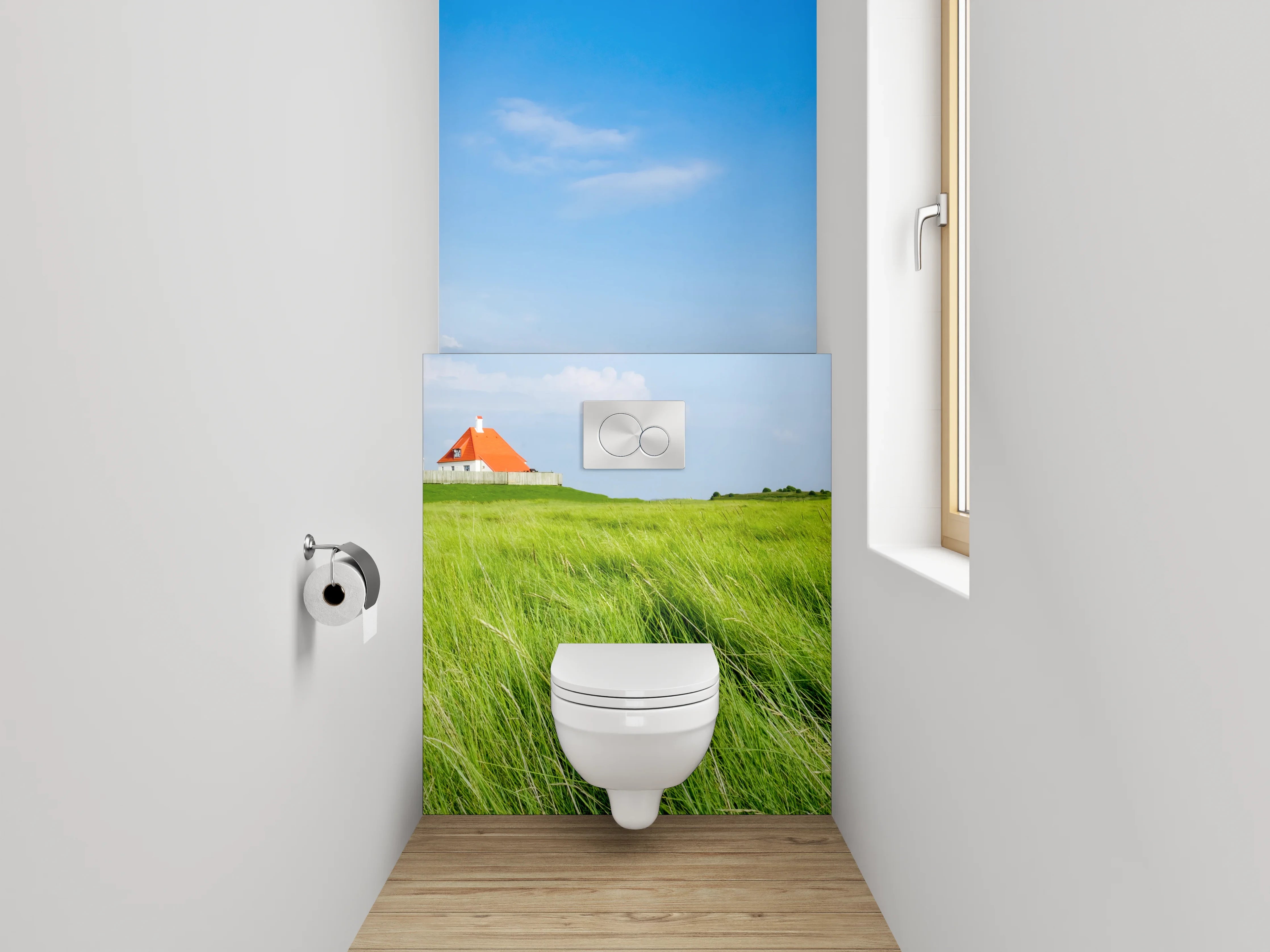 WC-Rückwand - Leuchtturm auf grüner Wiese Panorama