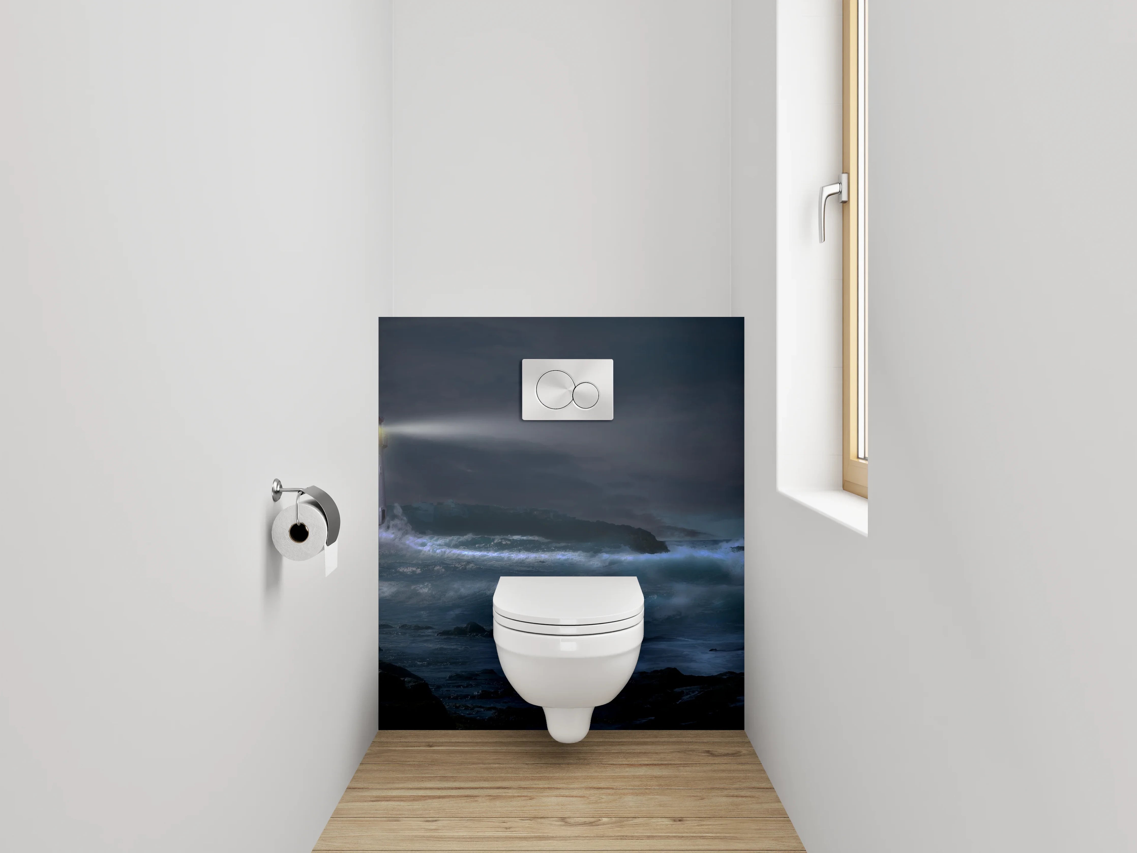 WC-Rückwand - Leuchtturm bei Nacht am stürmischen Meer
