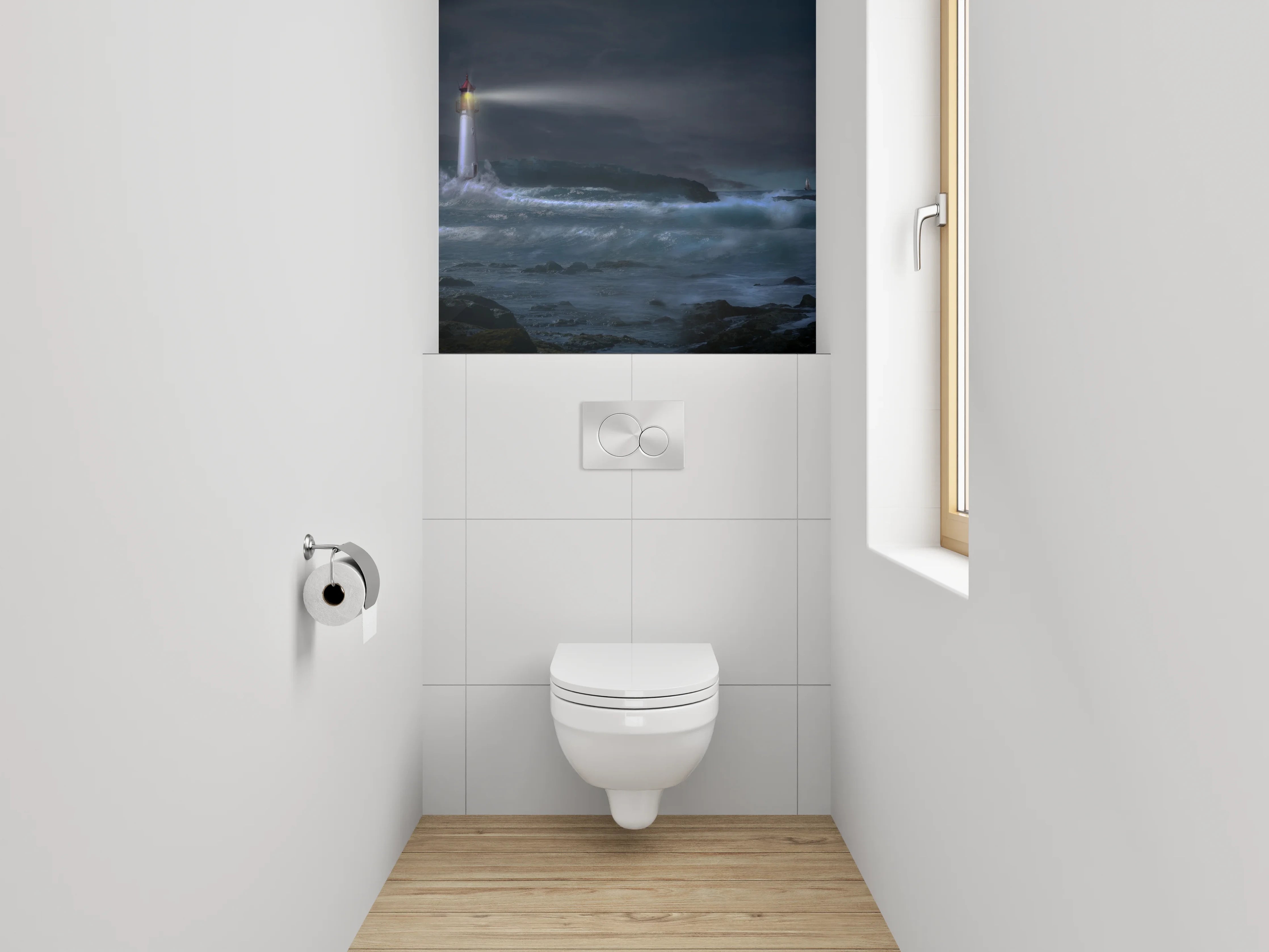 WC-Rückwand - Leuchtturm bei Nacht am stürmischen Meer