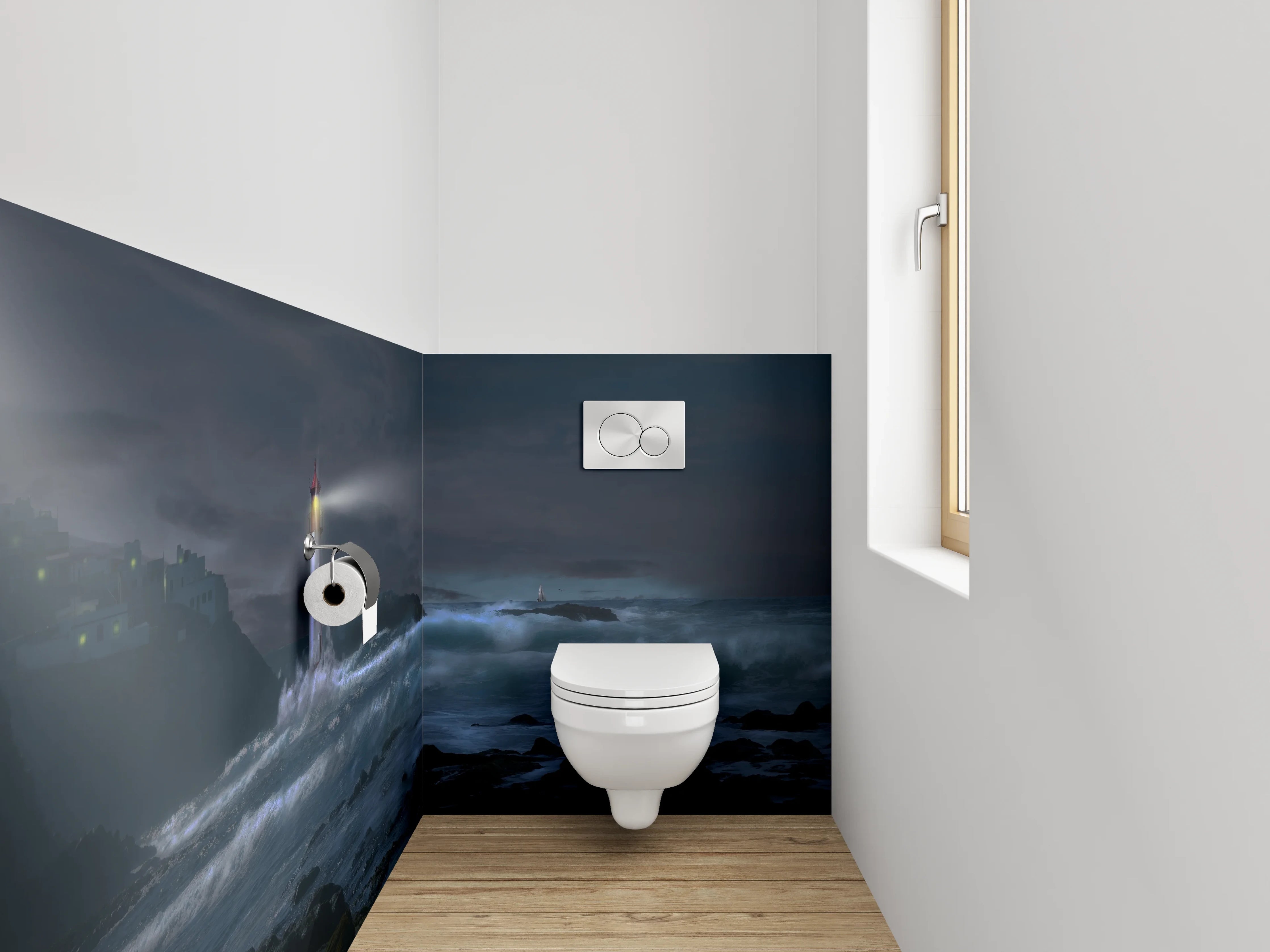 WC-Rückwand - Leuchtturm bei Nacht am stürmischen Meer