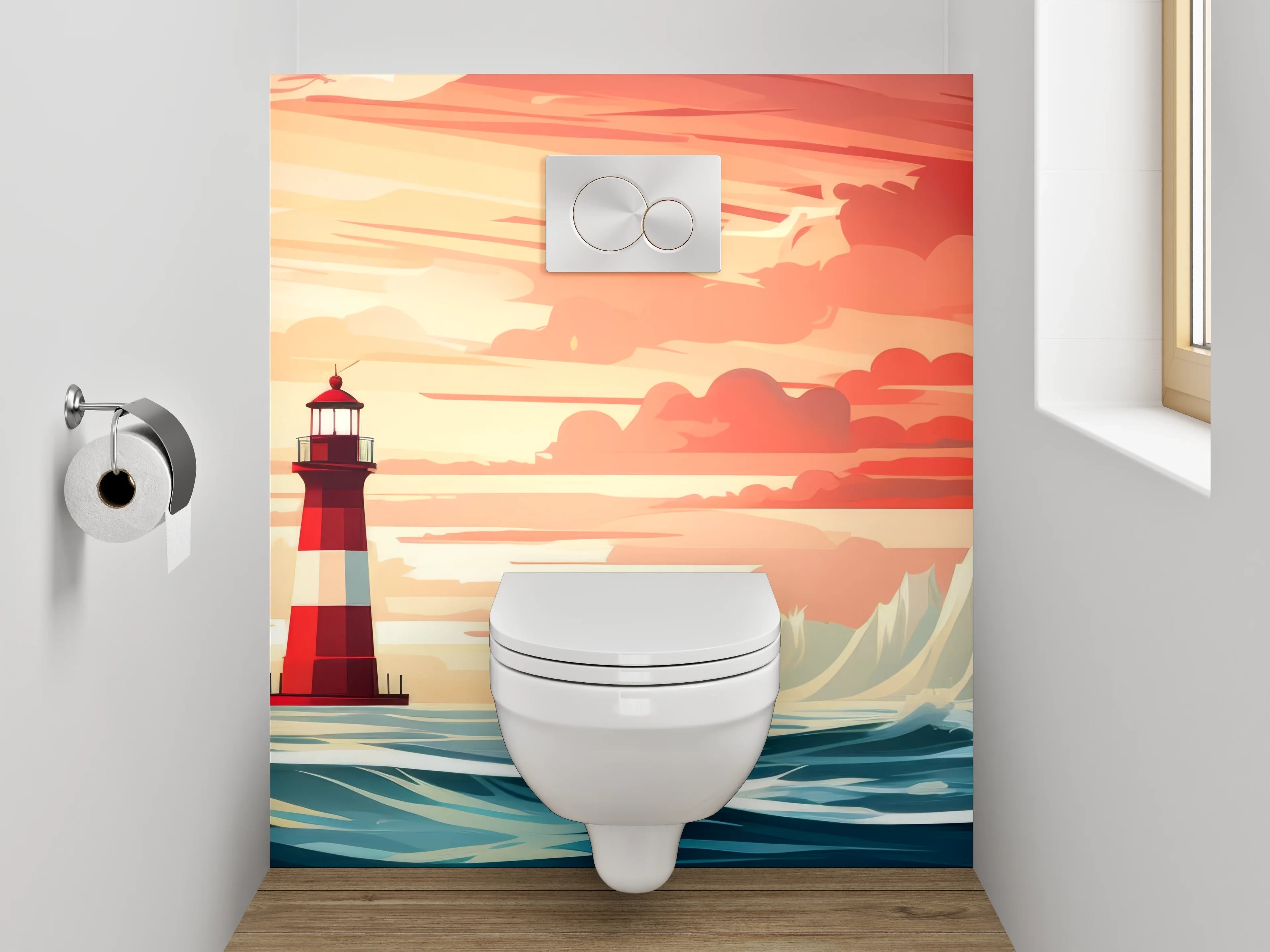 WC-Rückwand - Leuchtturm bei Sonnenuntergang Illustration