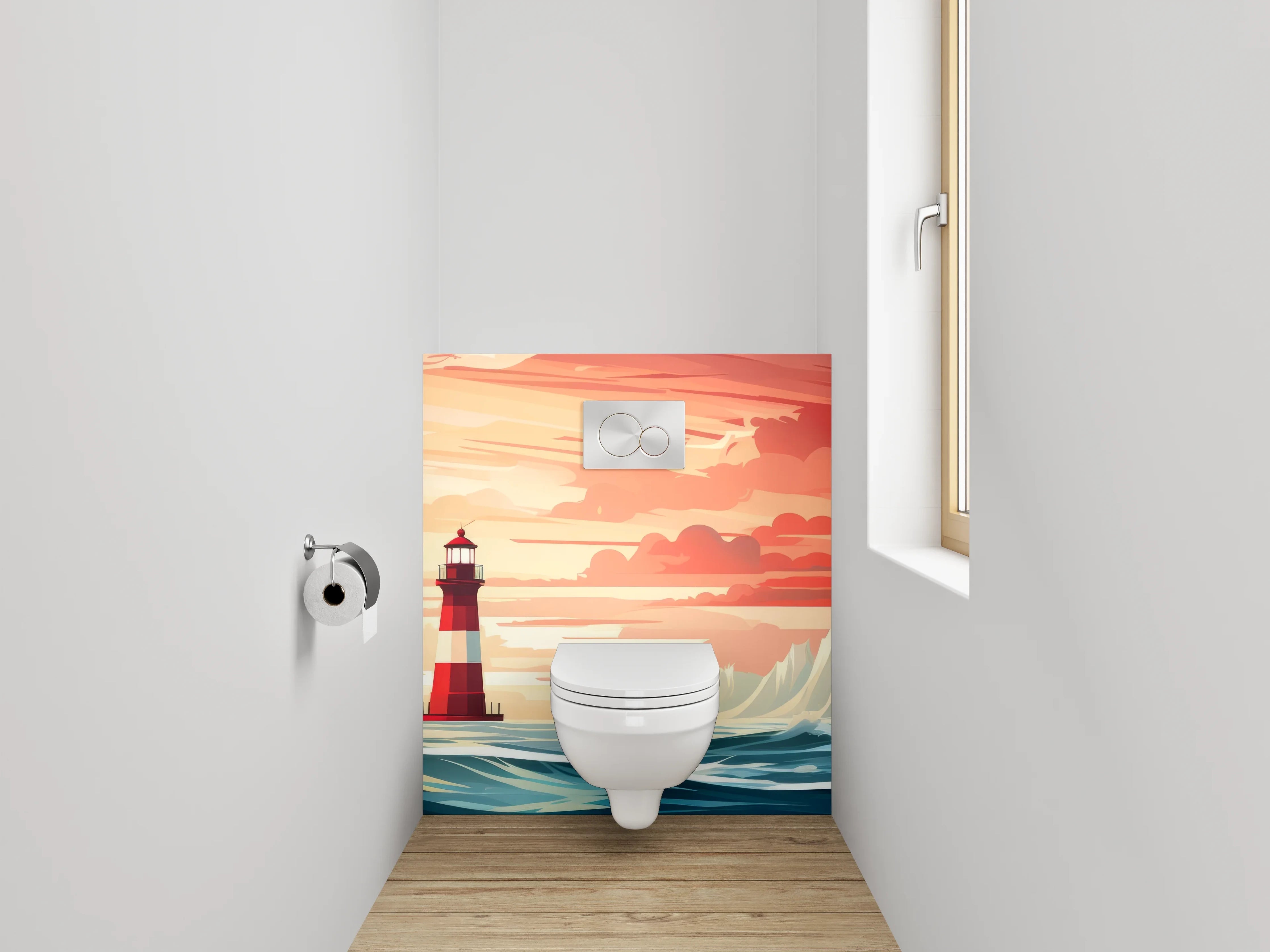 WC-Rückwand - Leuchtturm bei Sonnenuntergang Illustration