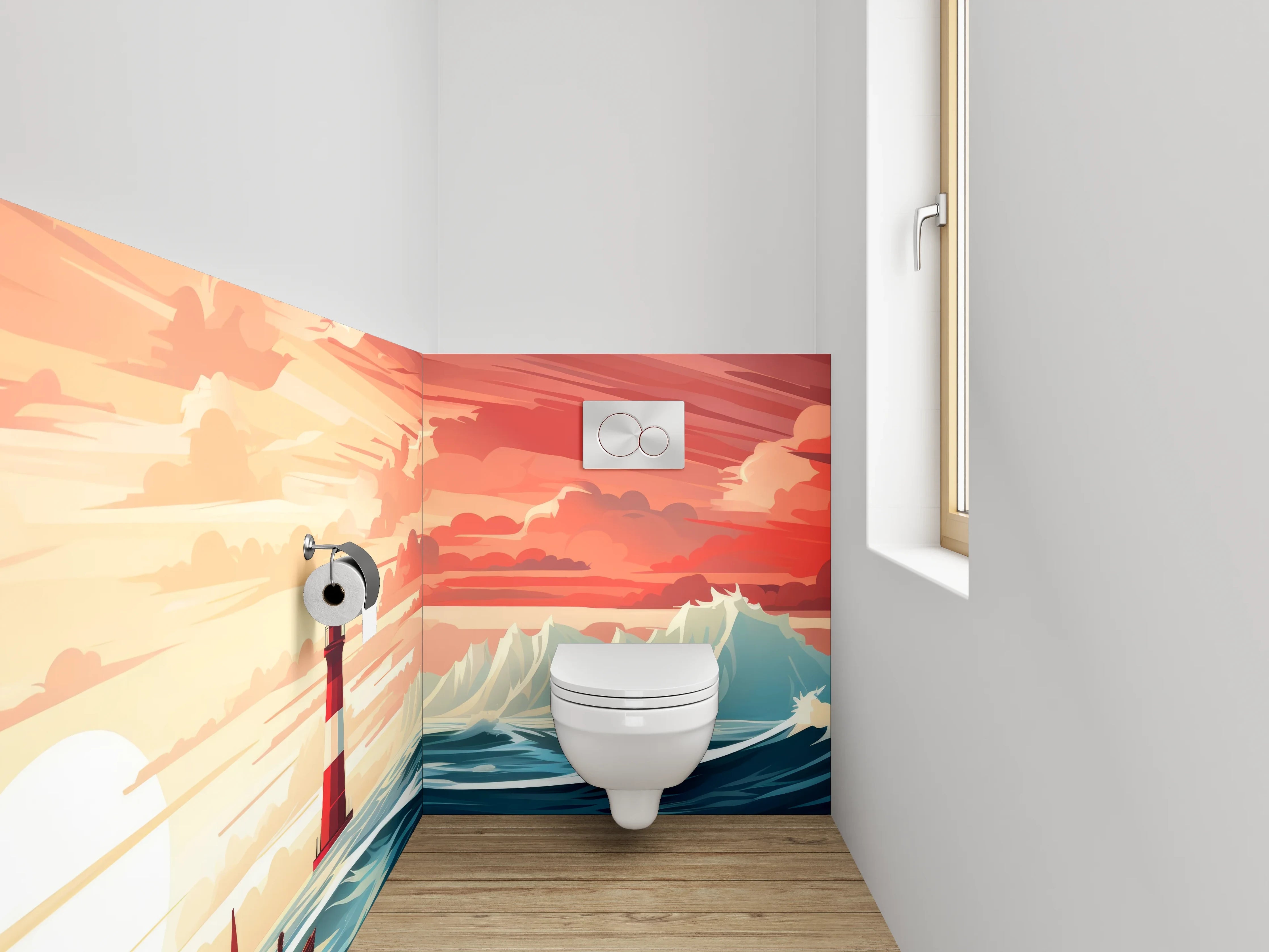 WC-Rückwand - Leuchtturm bei Sonnenuntergang Illustration