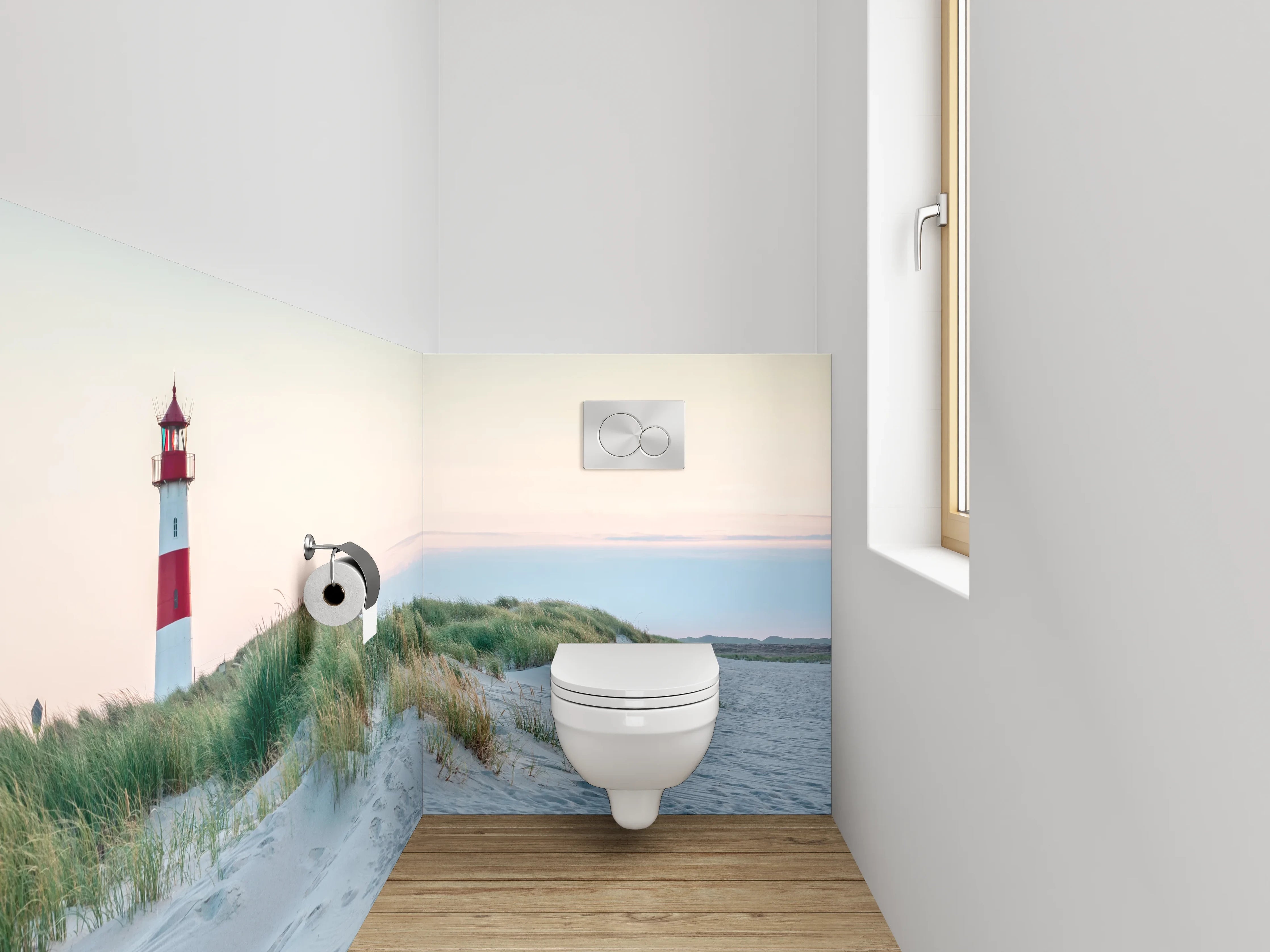 WC-Rückwand - Leuchtturm hinter Dünen am Meer