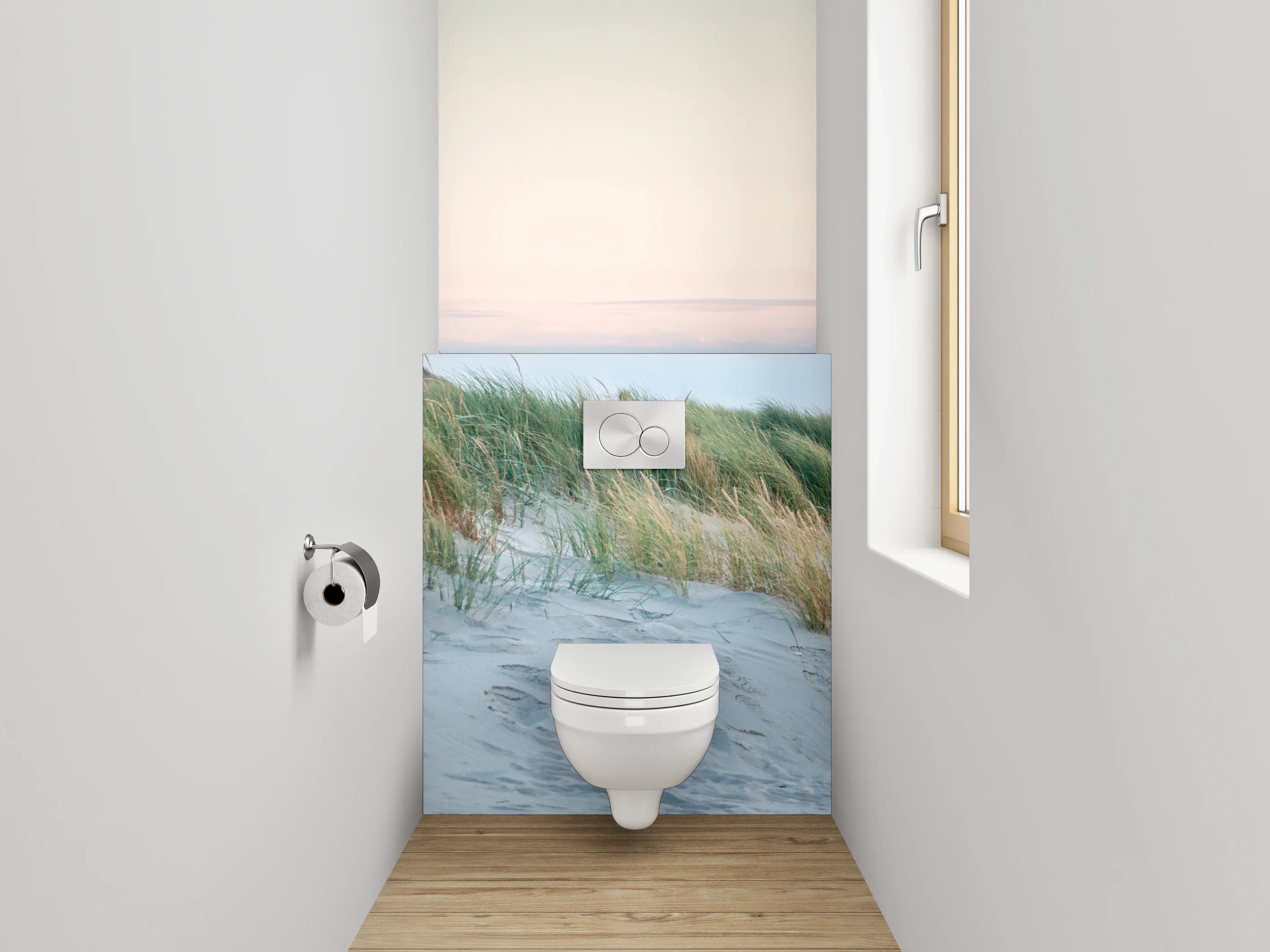 WC-Rückwand - Leuchtturm hinter Dünen am Meer