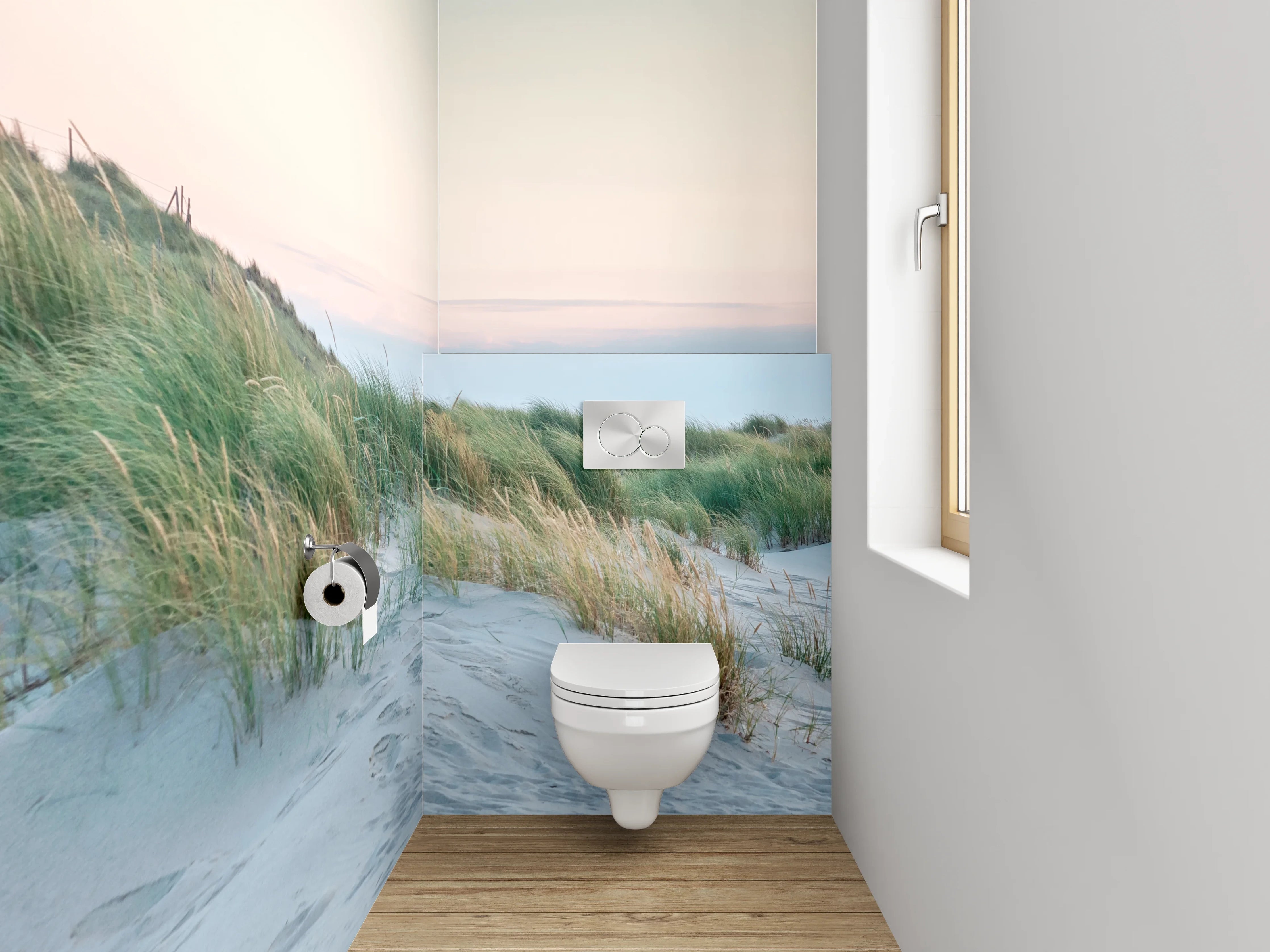 WC-Rückwand - Leuchtturm hinter Dünen am Meer
