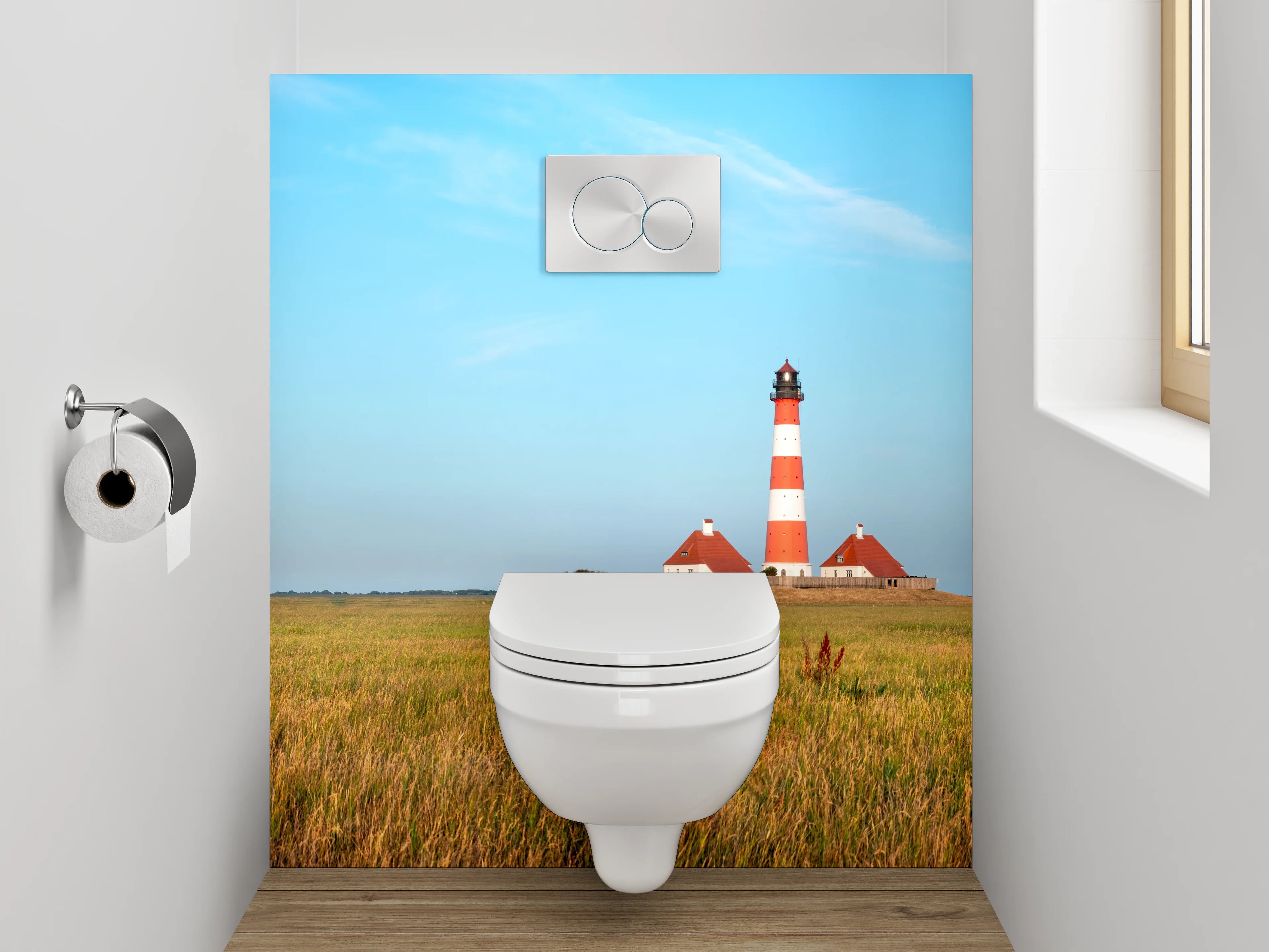 WC-Rückwand - Leuchtturm in Norddeutscher Küstenlandschaft
