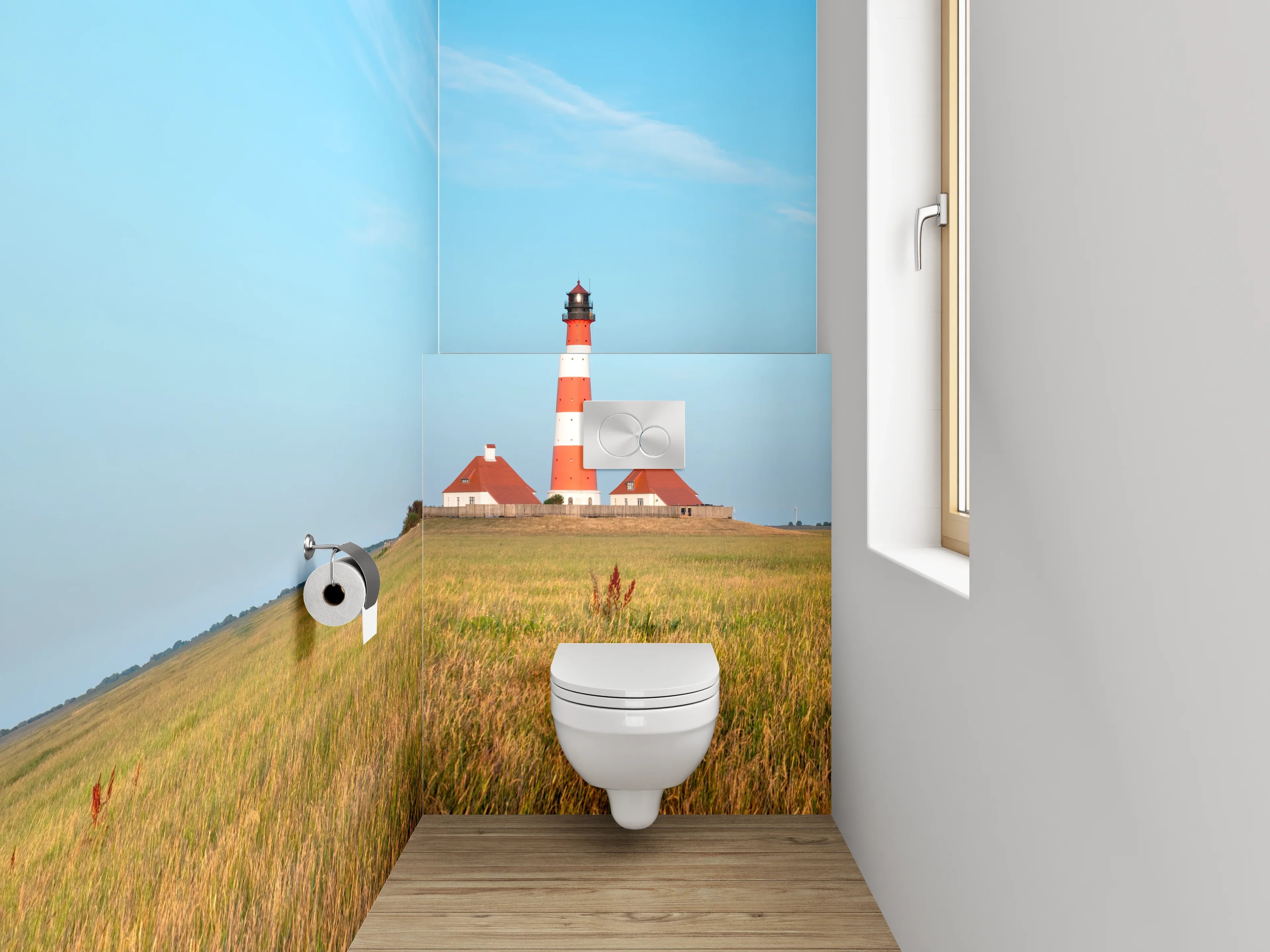 WC-Rückwand - Leuchtturm in Norddeutscher Küstenlandschaft