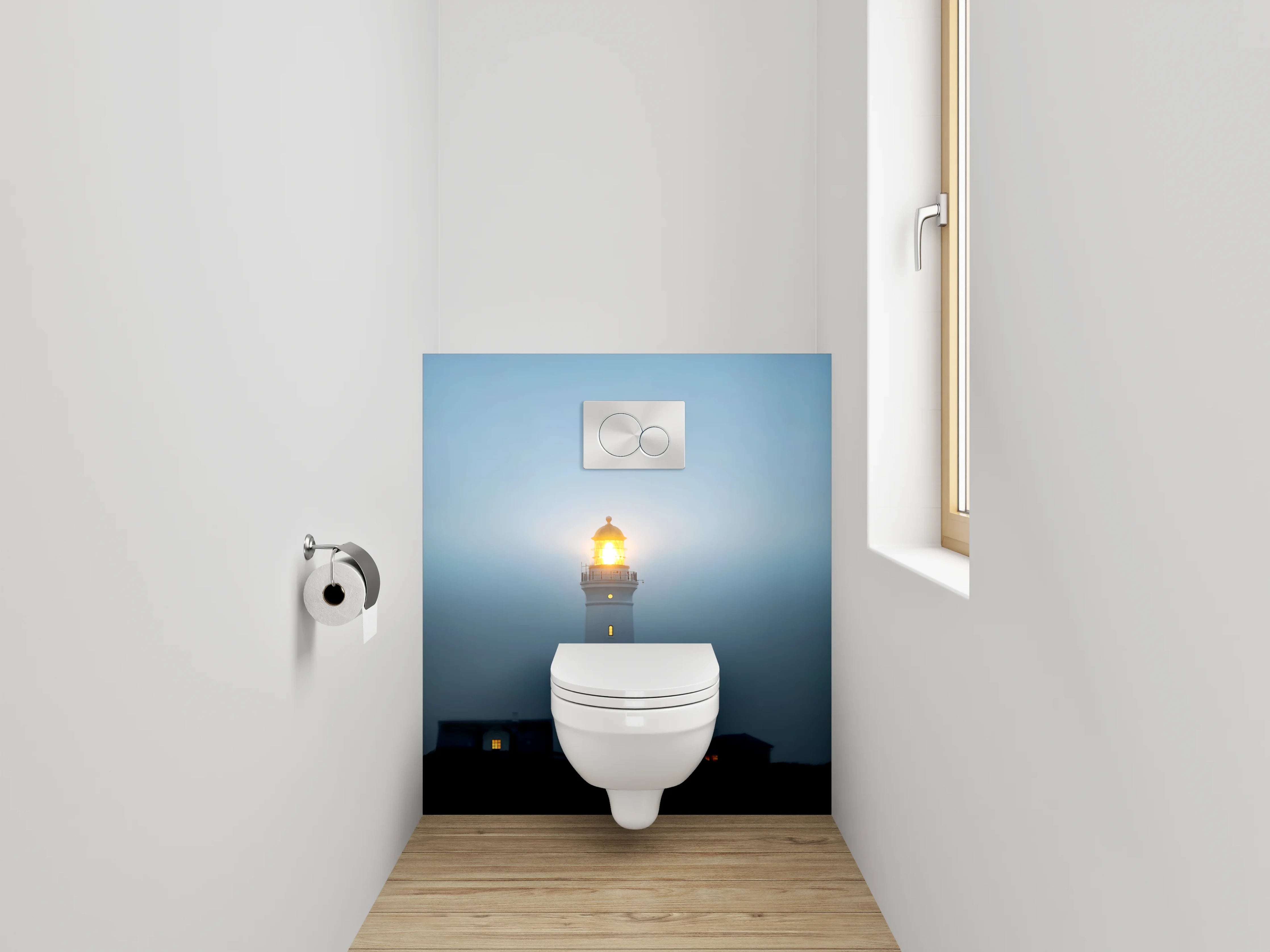 WC-Rückwand - Leuchtturm in nächtlicher Küstenlandschaft
