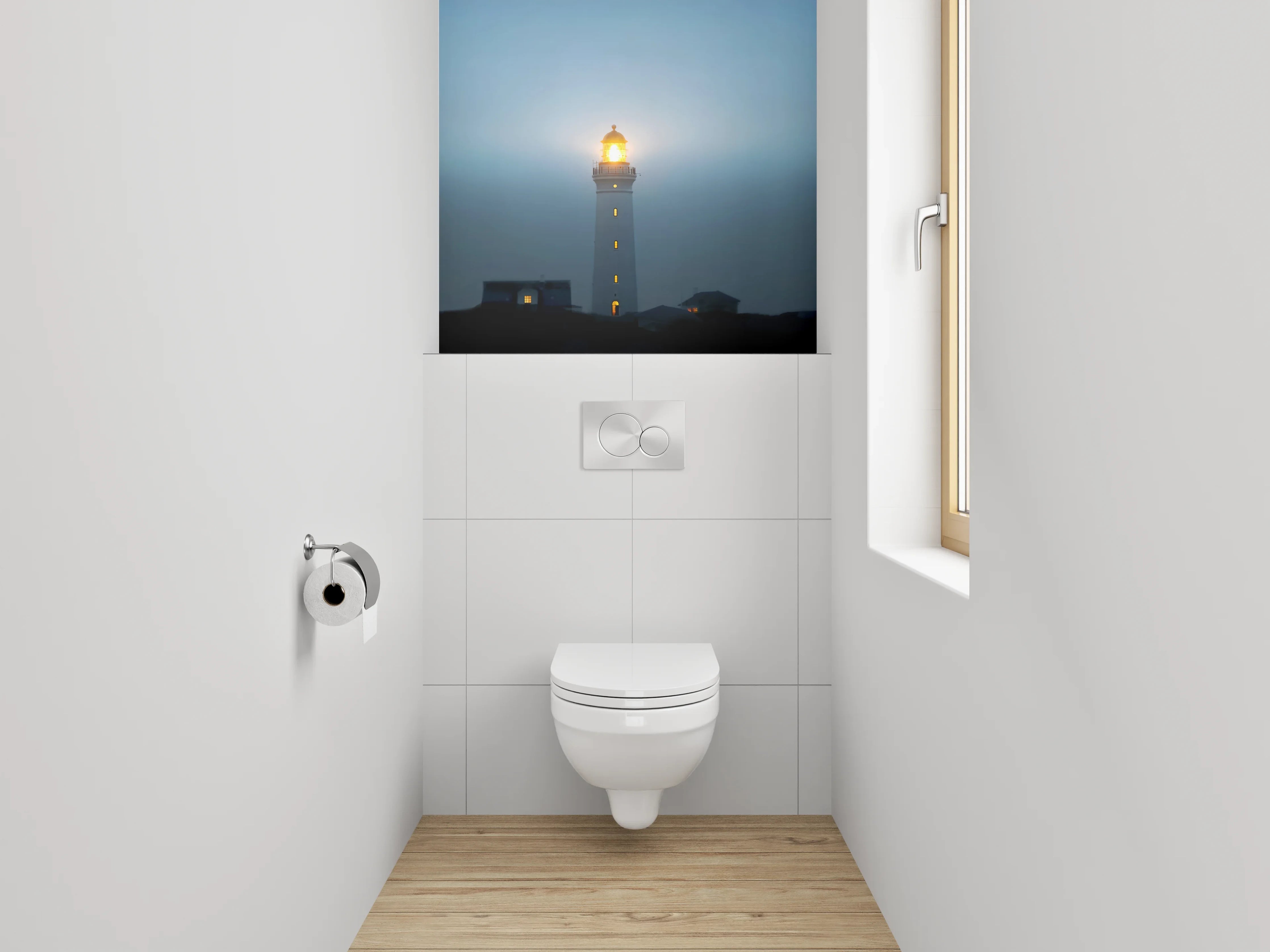 WC-Rückwand - Leuchtturm in nächtlicher Küstenlandschaft