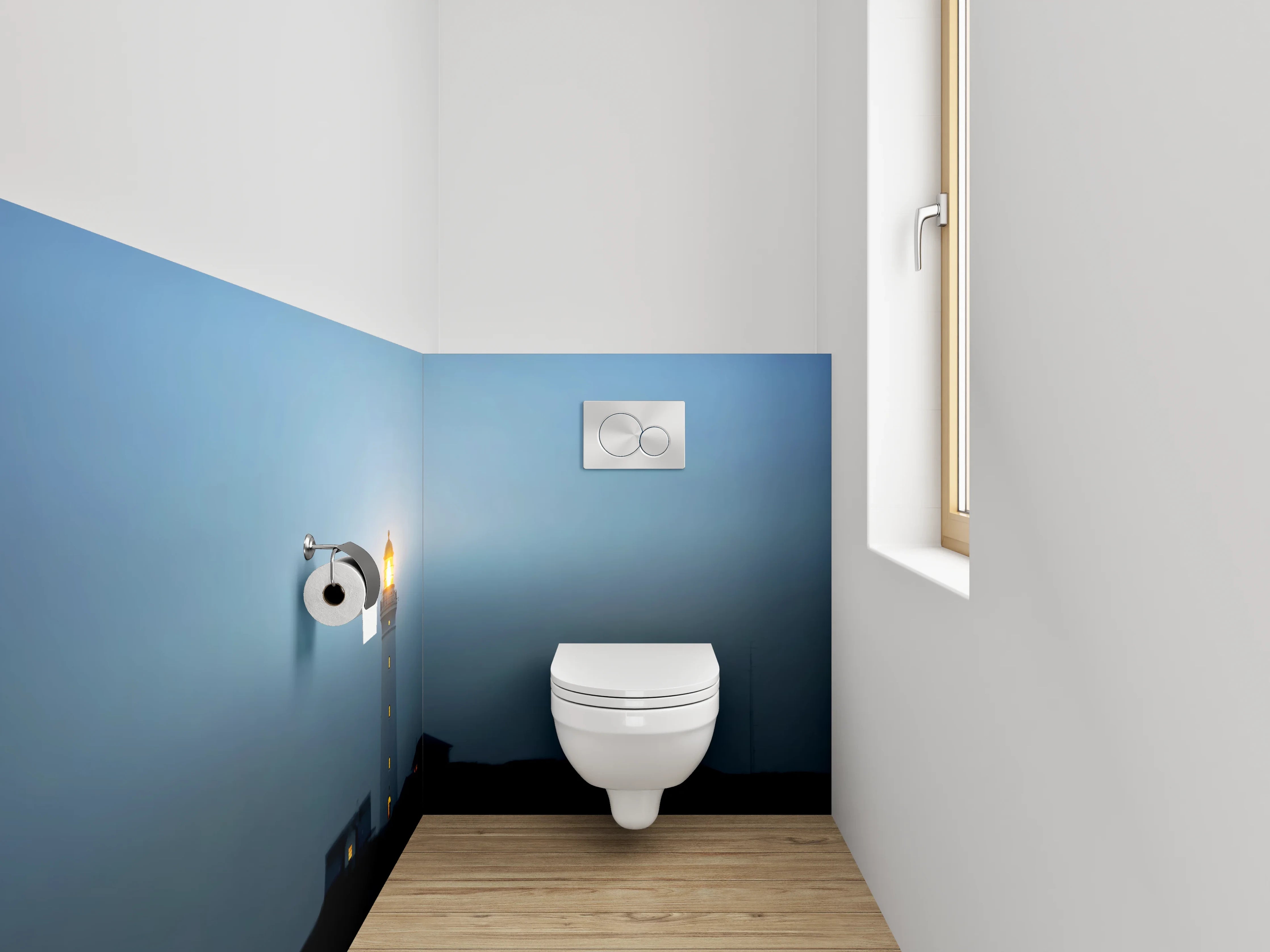 WC-Rückwand - Leuchtturm in nächtlicher Küstenlandschaft