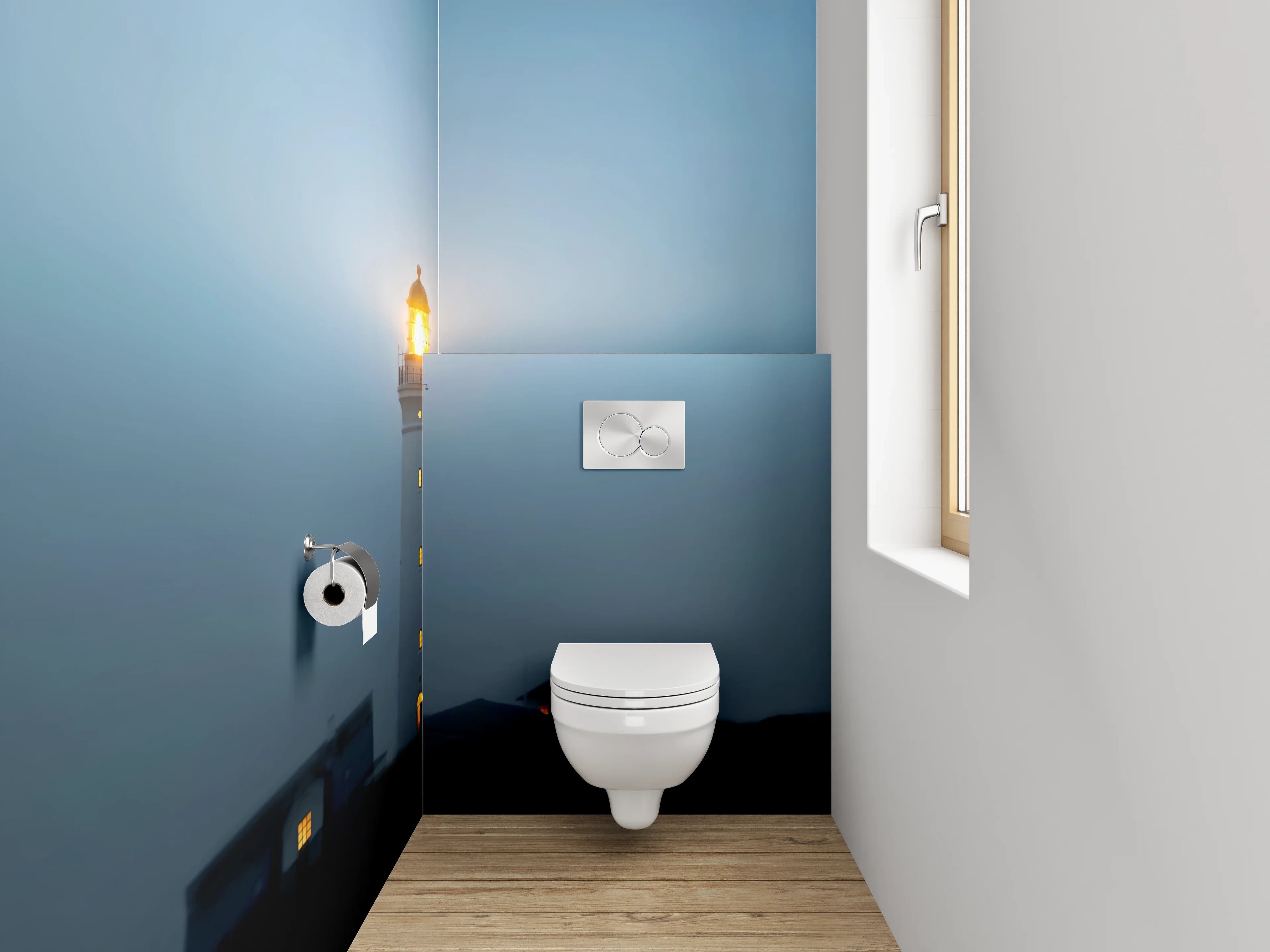 WC-Rückwand - Leuchtturm in nächtlicher Küstenlandschaft