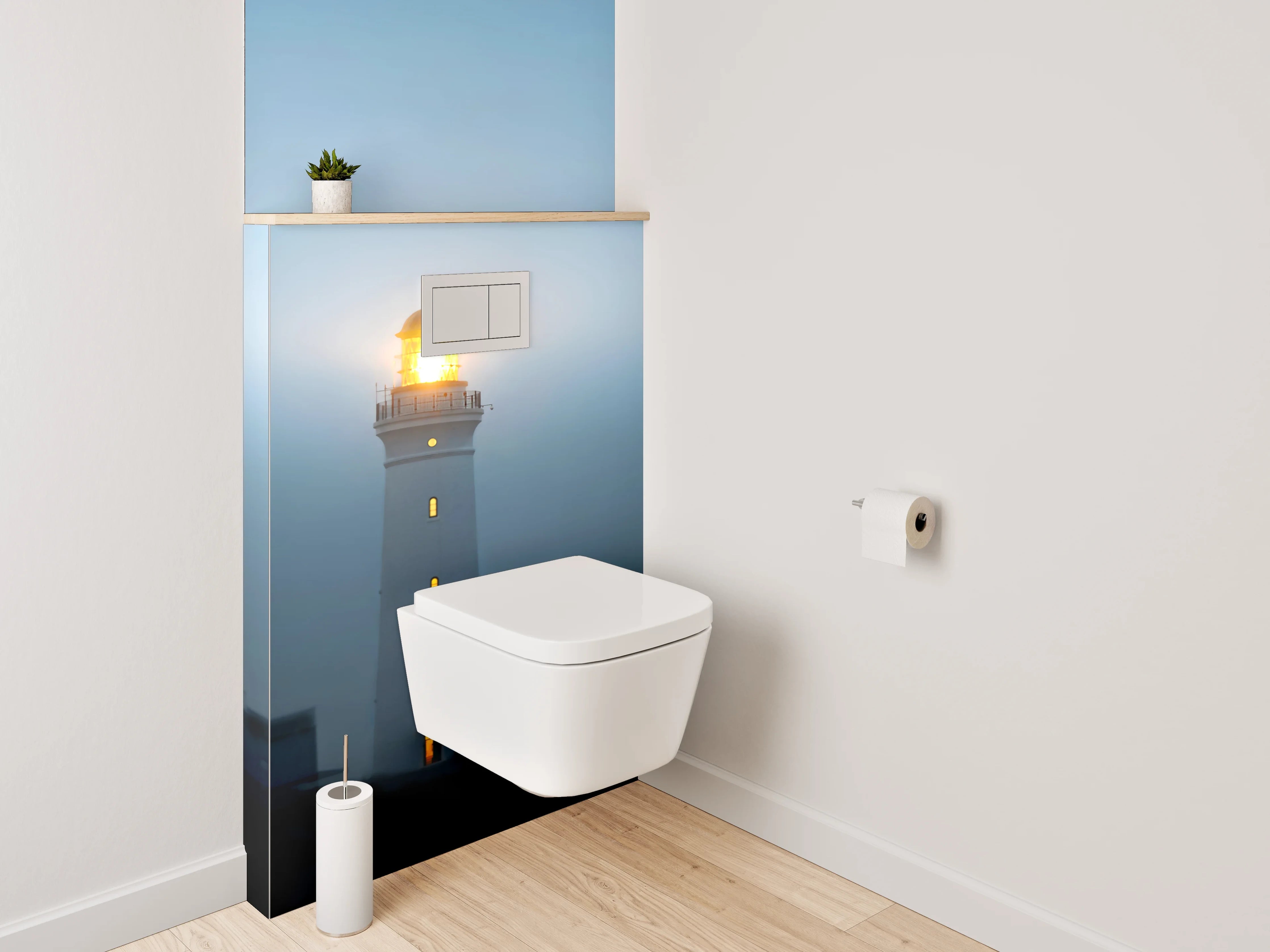 WC-Rückwand - Leuchtturm in nächtlicher Küstenlandschaft