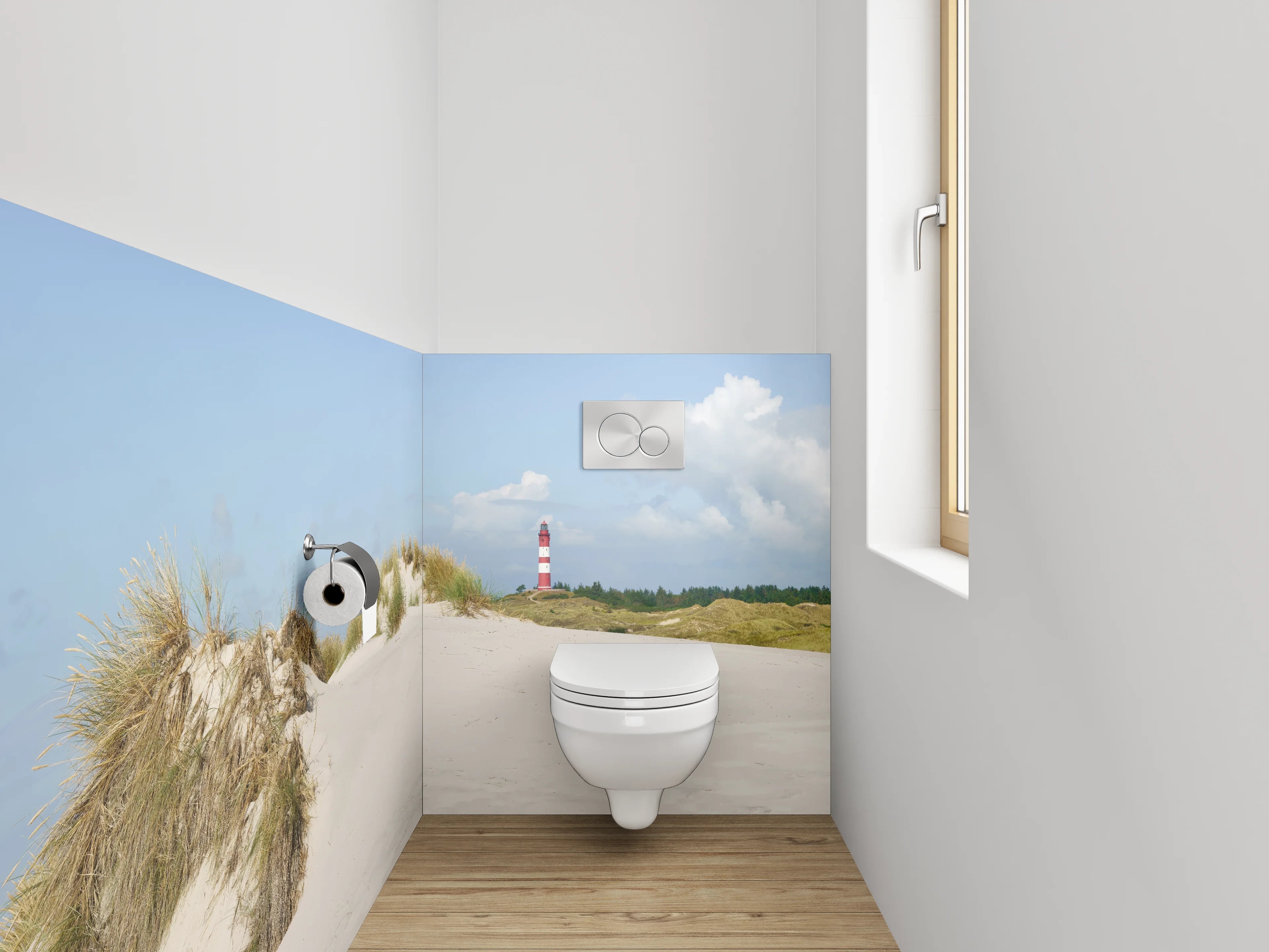 WC-Rückwand - Leuchtturm und Dünen am Sandstrand
