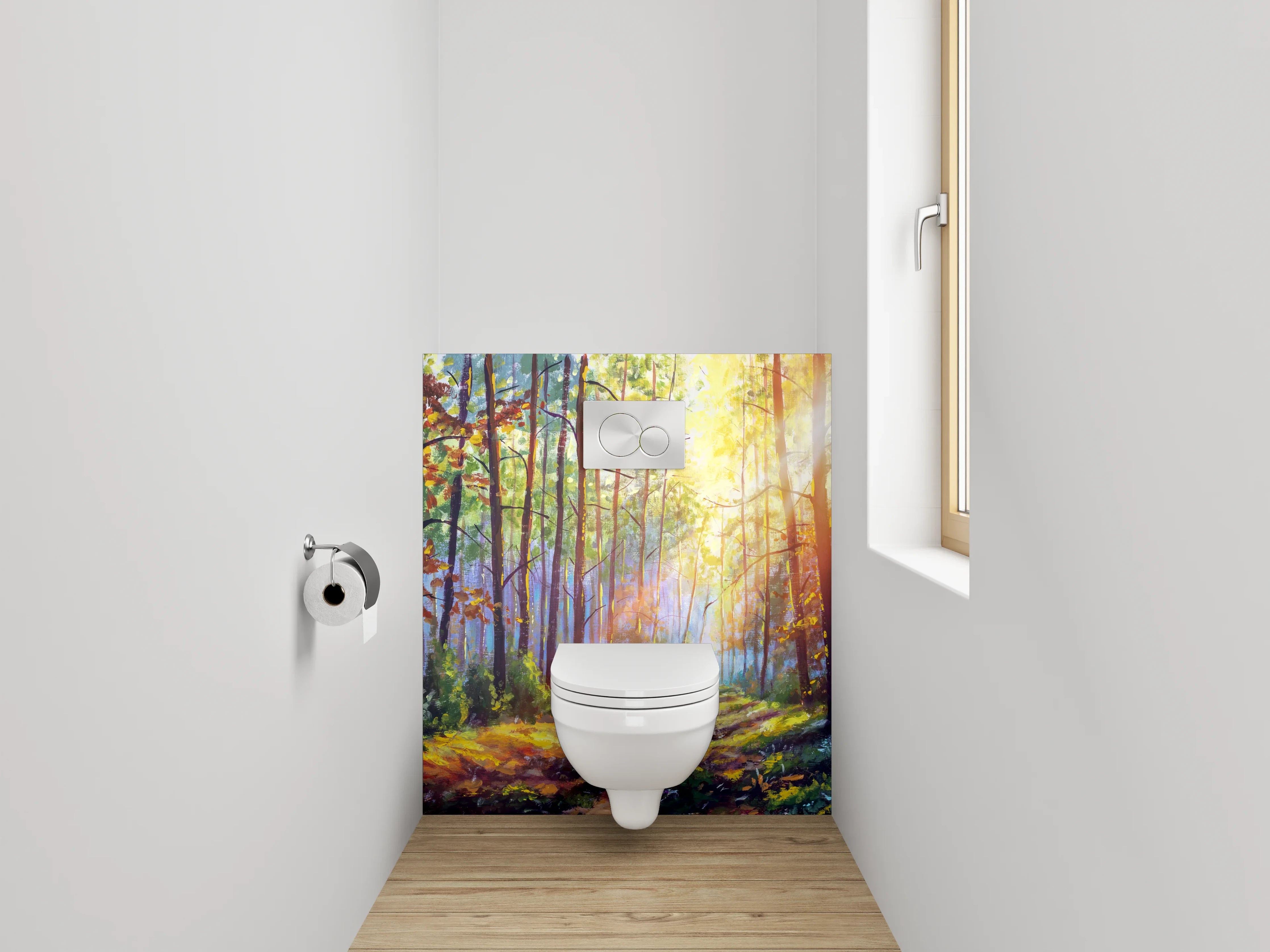 WC-Rückwand - Lichtdurchfluteter Waldweg Malerei Landschaft