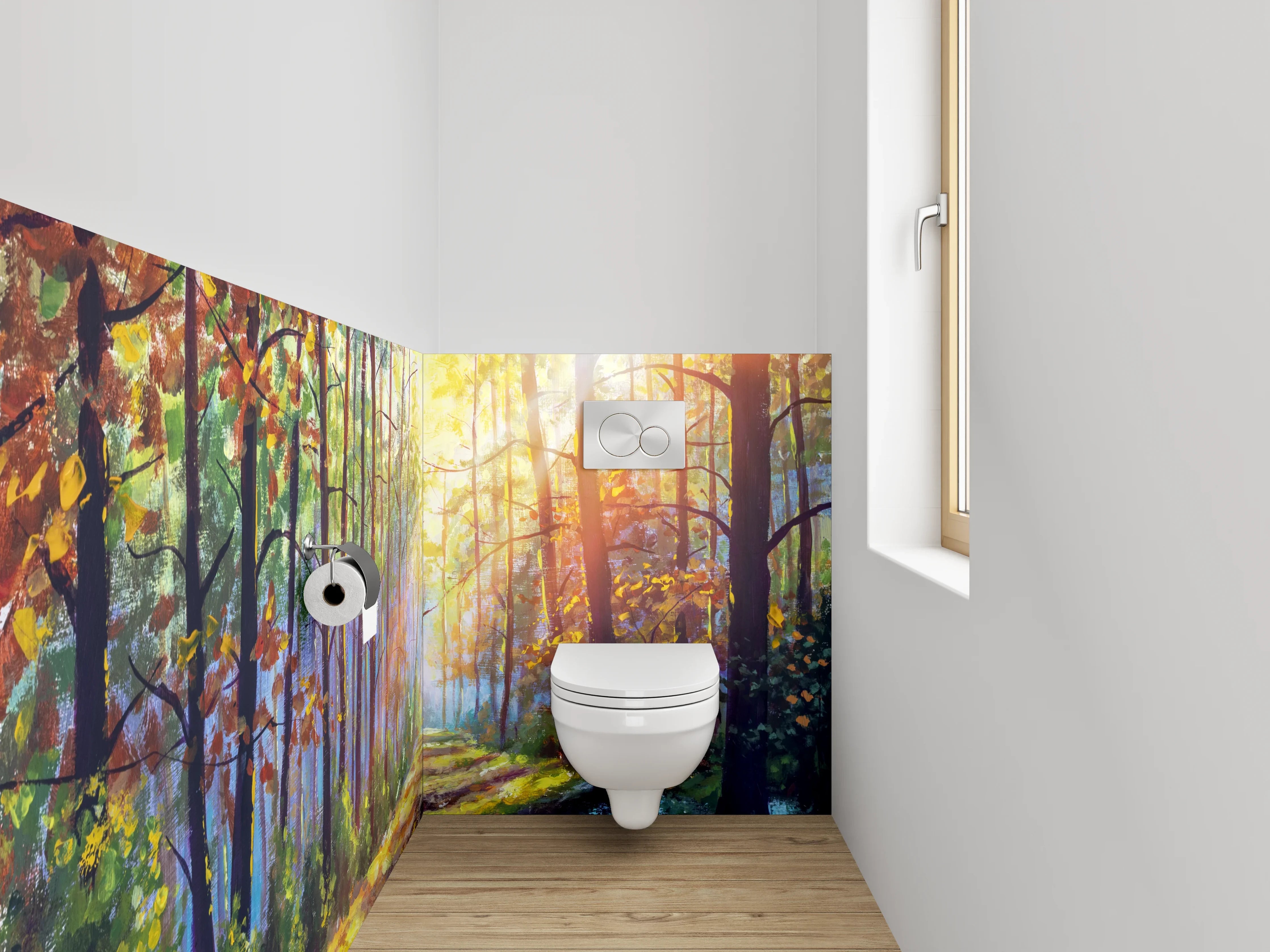 WC-Rückwand - Lichtdurchfluteter Waldweg Malerei Landschaft